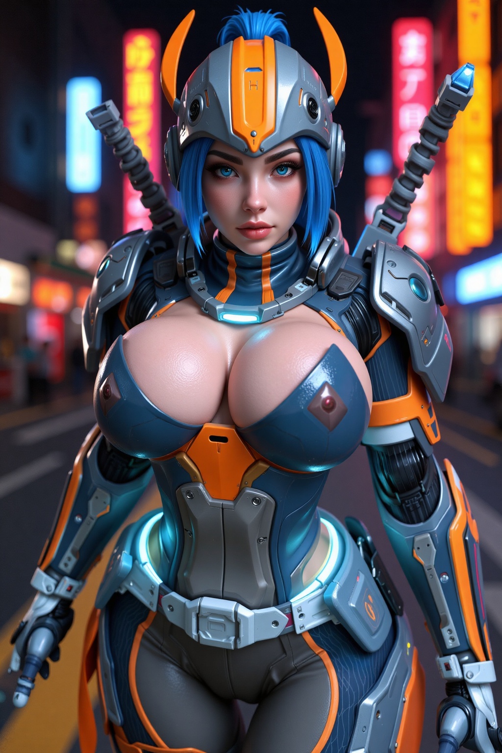 Perspective view angle with anamorphic lens,  eyes on the viewer. realistic background. female cyberpunk samurai mecha in...