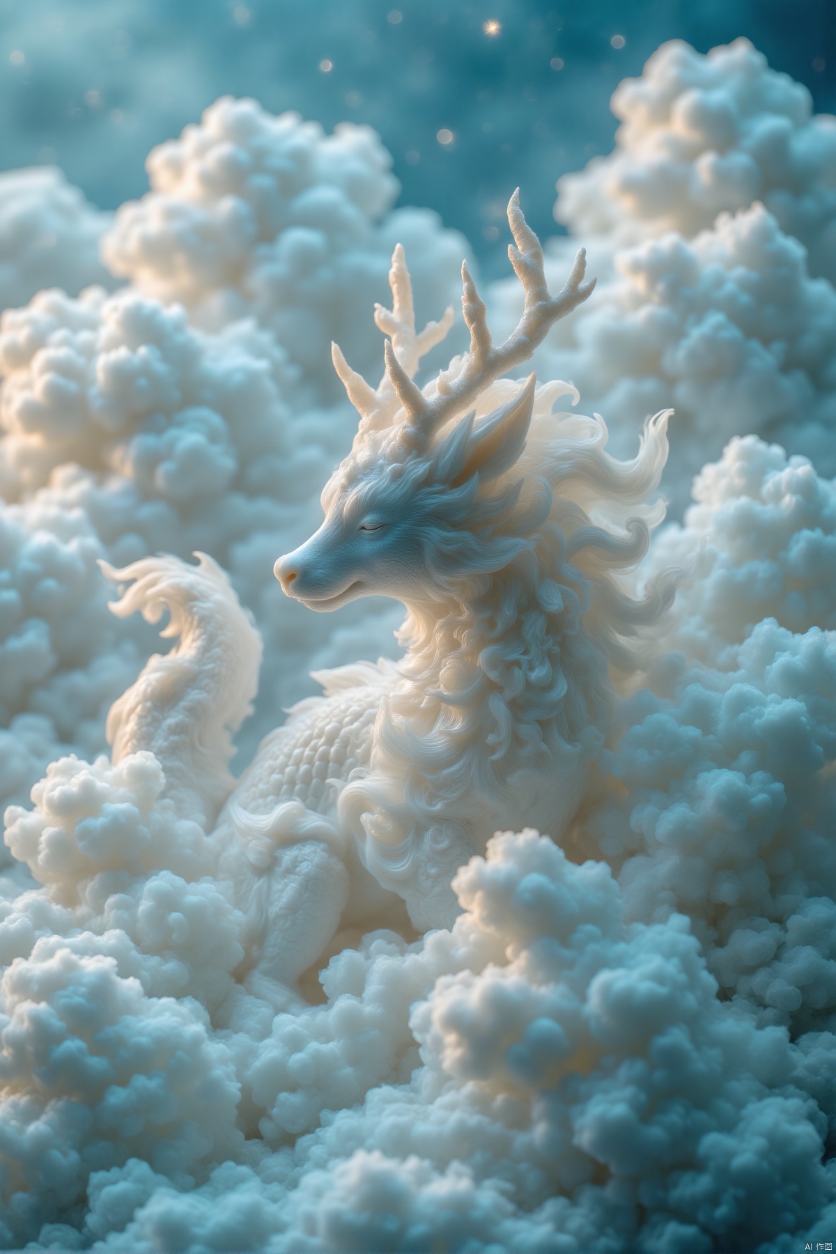 juqichengxing,(eastern dragon,dragon with horns and antlers,flying in the sky,among clouds,no humans,best quality,4k,8k,highres,masterpiece:1.2),ultra-detailed,(realistic,photorealistic,photo-realistic:1.37),fantasy,mythical creature,ethereal atmosphere,soft lighting,dreamy,serene,peaceful,calm,gentle colors,pastel tones,light blue,white,fluffy clouds,dragon scales,flowing mane,dragon wings,graceful,soaring,atmospheric,beautiful,tranquil,otherworldly,imaginary,legendary,traditional,eastern mythology,spiritual,celestial,divine,heavenly,harmonious,delicate,refined,artistic,visually stunning