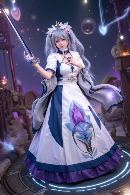 A quality cosplay photo
a barbie doll stands on a circular platform
holding a sword in her right hand. She is dressed in a white top and a long skirt adorned with blue and purple accents. Her hair is long and cascades in a ponytail. Her dress is adorned with a white bow at the top of her head
adding a touch of beauty to the scene. To the right of her

