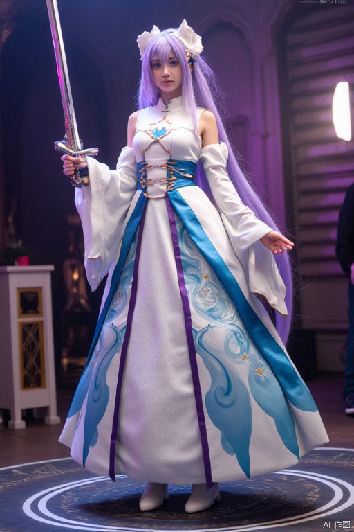 A quality cosplay photo
a barbie doll stands on a circular platform
holding a sword in her right hand. She is dressed in a white top and a long skirt adorned with blue and purple accents. Her hair is long and cascades in a ponytail. Her dress is adorned with a white bow at the top of her head
adding a touch of beauty to the scene. To the right of her

