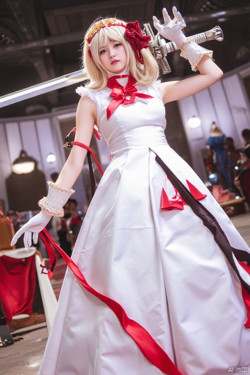A quality cosplay photo
a full-angle shot of a female character
dressed in a white dress adorned with a red scarf
white gloves
and a red headband. She is holding a large sword in her right hand
