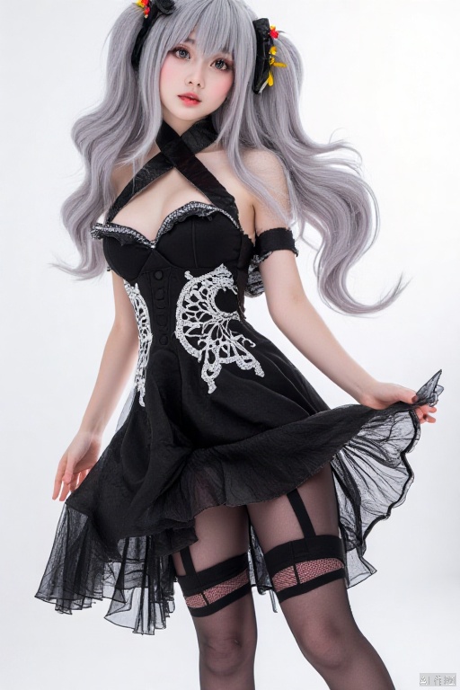 A quality cosplay photo
a full-angle shot of a female doll stands in a stark white backdrop. The doll is dressed in a black corset
adorned with a white design
her hair cascading over her shoulders

