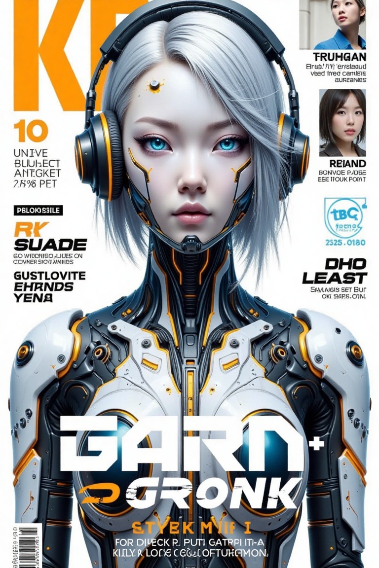 Create a cyberpunk-inspired magazine cover featuring a futuristic male android with intricate,  detailed mechanical enhanc...