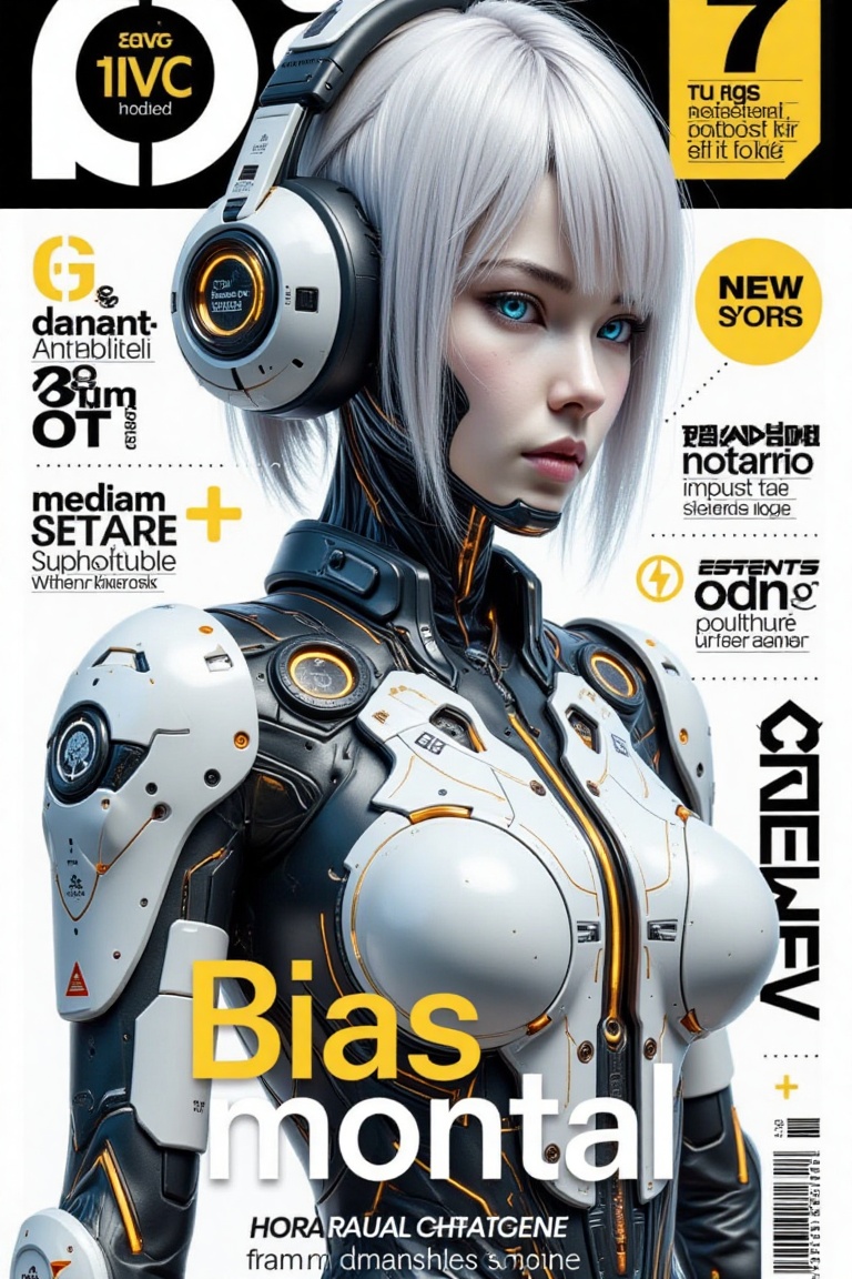 Create a cyberpunk-inspired magazine cover featuring a futuristic female android with intricate,  detailed mechanical enha...