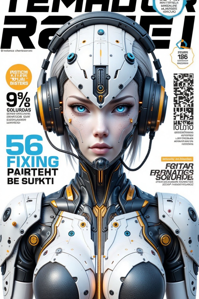 Create a cyberpunk-inspired magazine cover featuring a futuristic female android with intricate,  detailed mechanical enha...