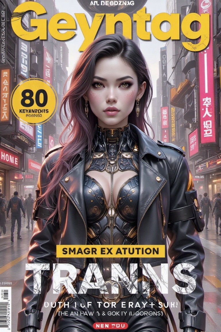"The generated cyberpunk-style magazine cover featuring a confident woman in a futuristic cityscape. The design incorporat...