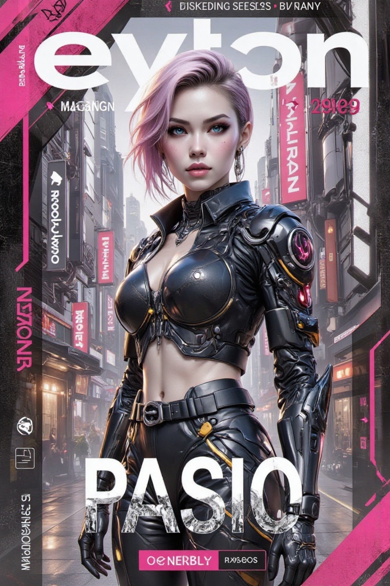 "The generated cyberpunk-style magazine cover featuring a confident woman in a futuristic cityscape. The design incorporat...