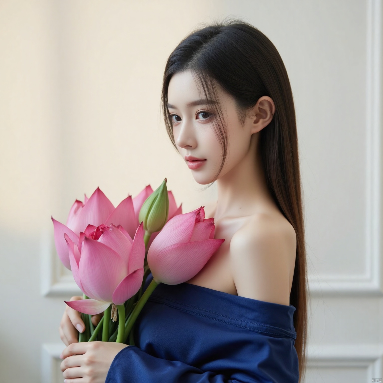 This is a high-resolution photograph featuring an Asian woman with long, straight, dark brown hair cascading over her shoulders and down her back. She has a delicate, oval face with a smooth complexion, large, expressive brown eyes, and a subtle, natural makeup look. Her expression is serene and contemplative, with her gaze slightly turned towards the camera. She is wearing a deep blue, off-the-shoulder, soft-textured robe that drapes elegantly around her body, revealing her bare shoulders and upper back. In her hands, she holds a bouquet of large, pink lotus flowers with green seed pods, adding a touch of natural beauty and symbolism to the composition. The background is a minimalist, off-white wall, which contrasts with the vibrant colors of the flowers and her blue robe, drawing attention to her delicate, graceful form. The overall composition is serene and ethereal, emphasizing the beauty of the subject and the simplicity of the surroundings.