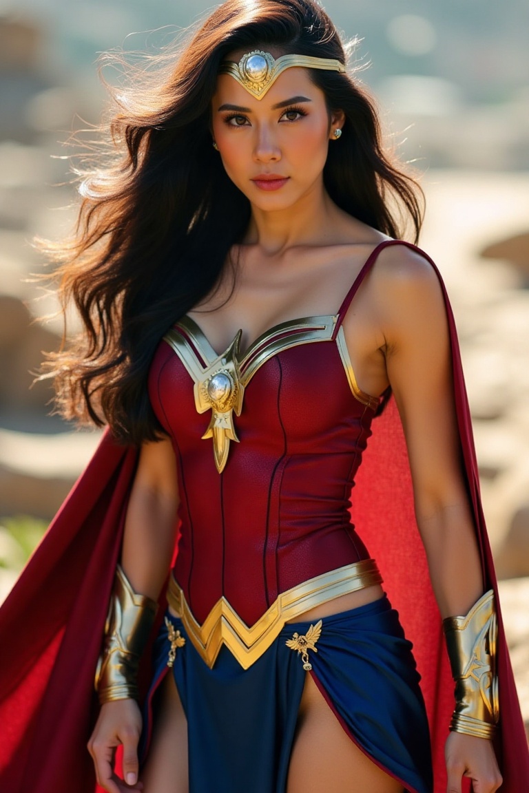 a beautiful and powerful woman in a red and blue costume with gold accessories,  long curled hair,  an awe-inspiring expre...