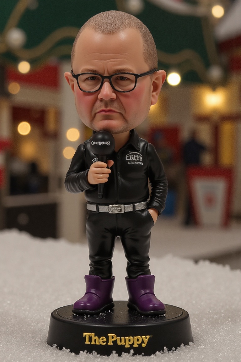 This is a high-resolution photograph of a detailed,  miniature bobblehead action figure of George Noble,  a man standing o...