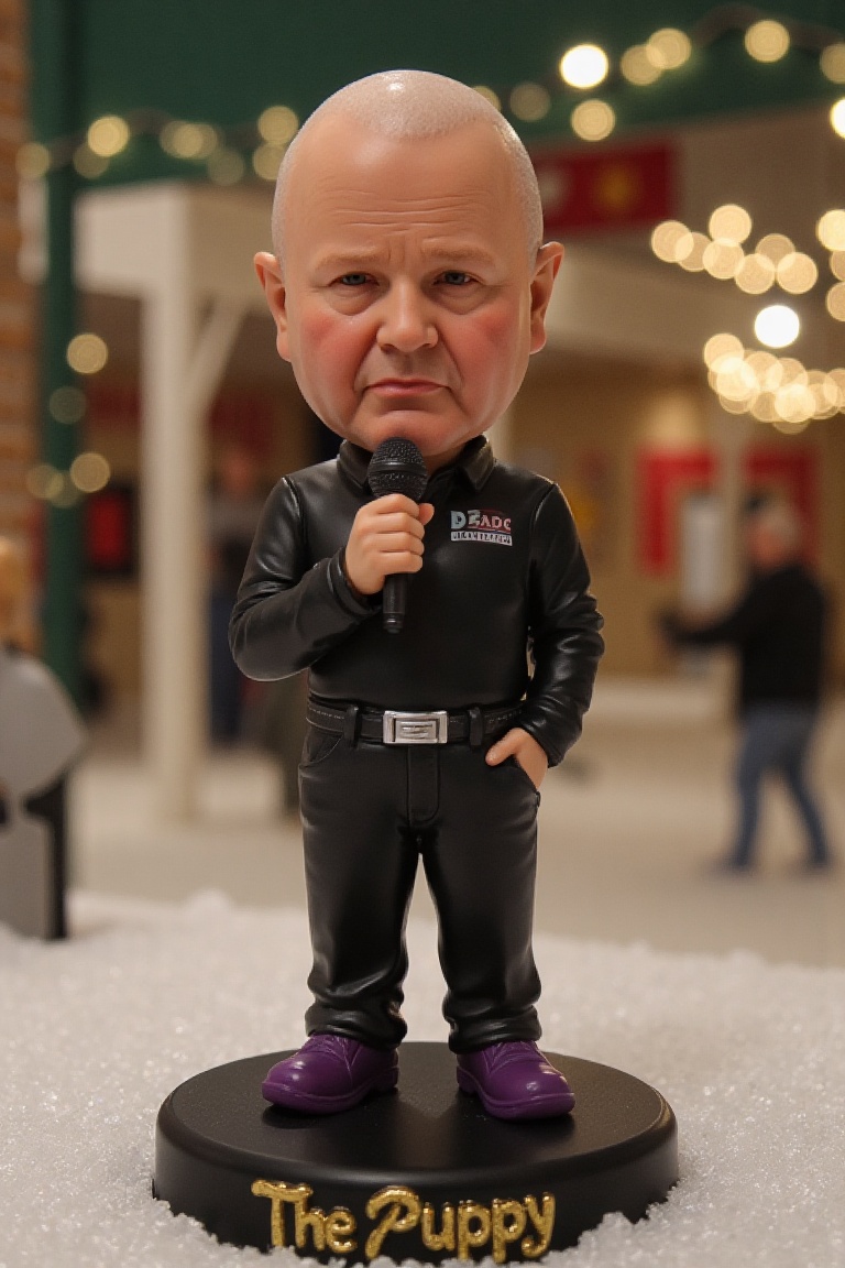 This is a high-resolution photograph of a detailed,  miniature bobblehead action figure of George Noble,  a man standing o...