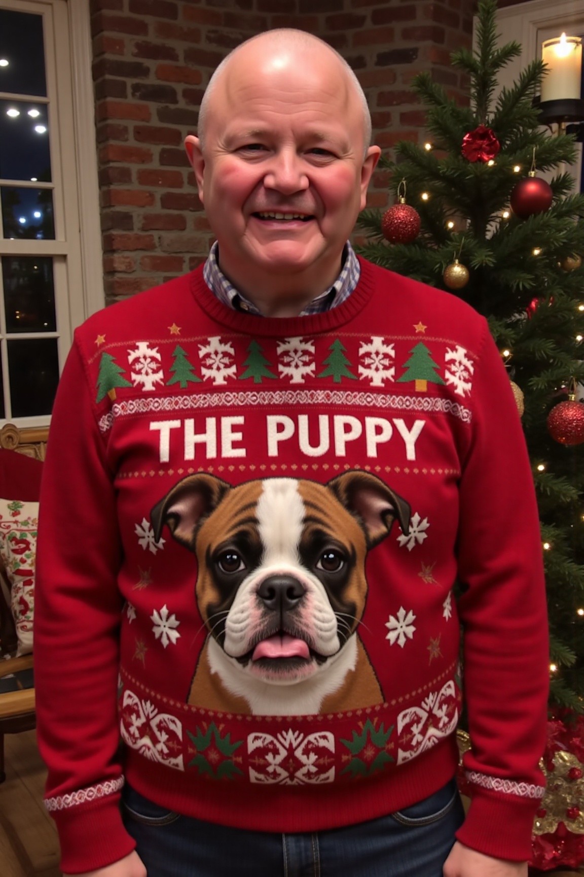The image is a high-resolution photograph of George Noble smiling,  wearing a Christmas themed sweater with the words "THE...
