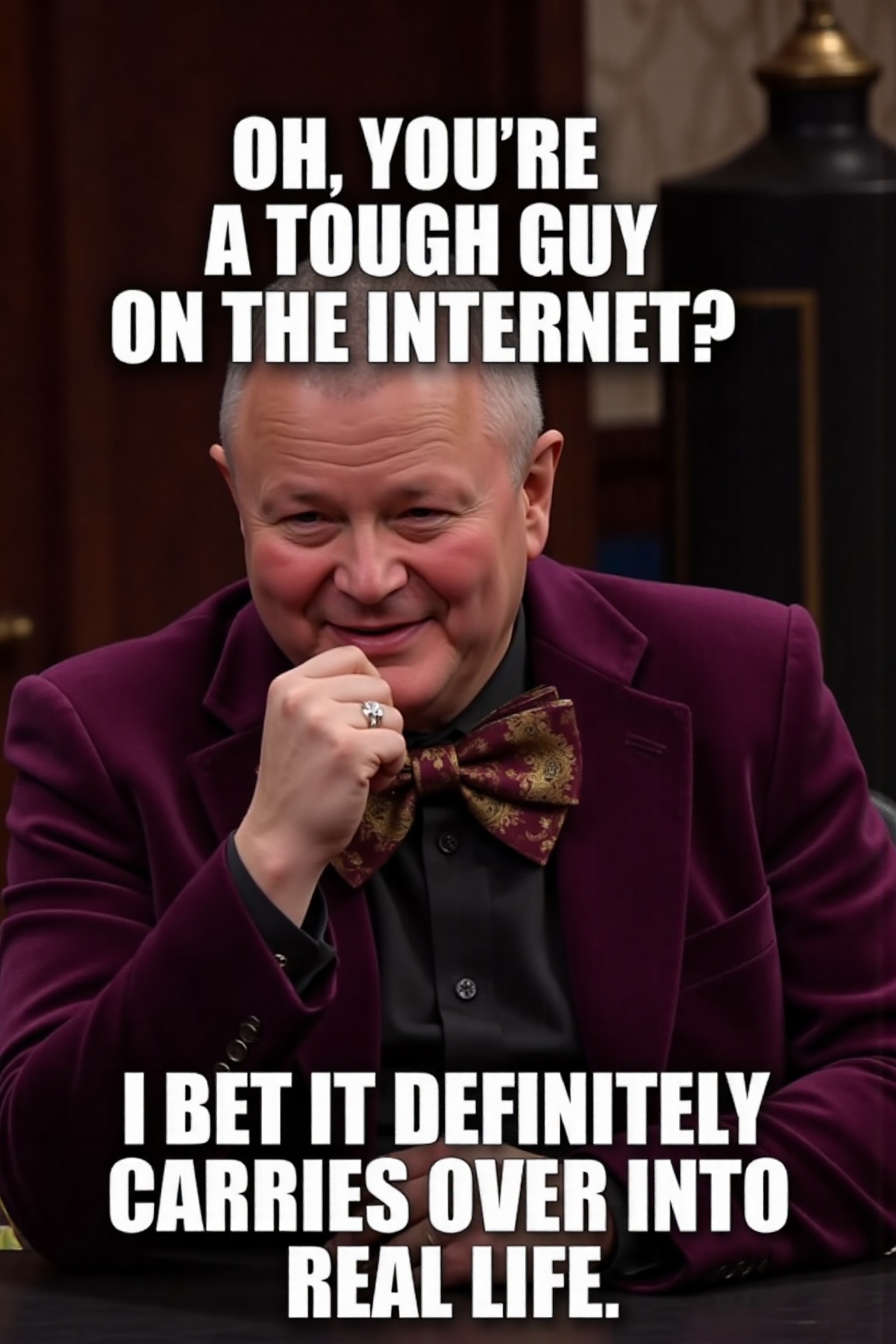 The image is a high-resolution photograph of George Noble,  a man wearing a purple velvet jacket and a large,  ornate bow...