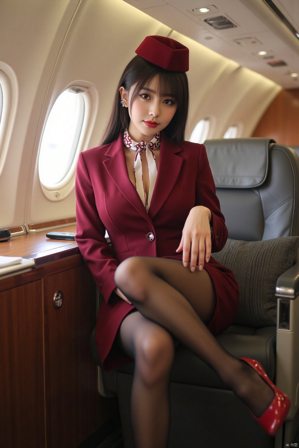 Masterpiece, best quality, high quality, stunning details, realistic photos,1girl,long hair,fair skin,big breasts,stewardess suit,stewardess hat,scarf,short pencil skirt,(shiny pantyhose),long legs,high heels,full body,sitting,aircraft luxury cabin,
