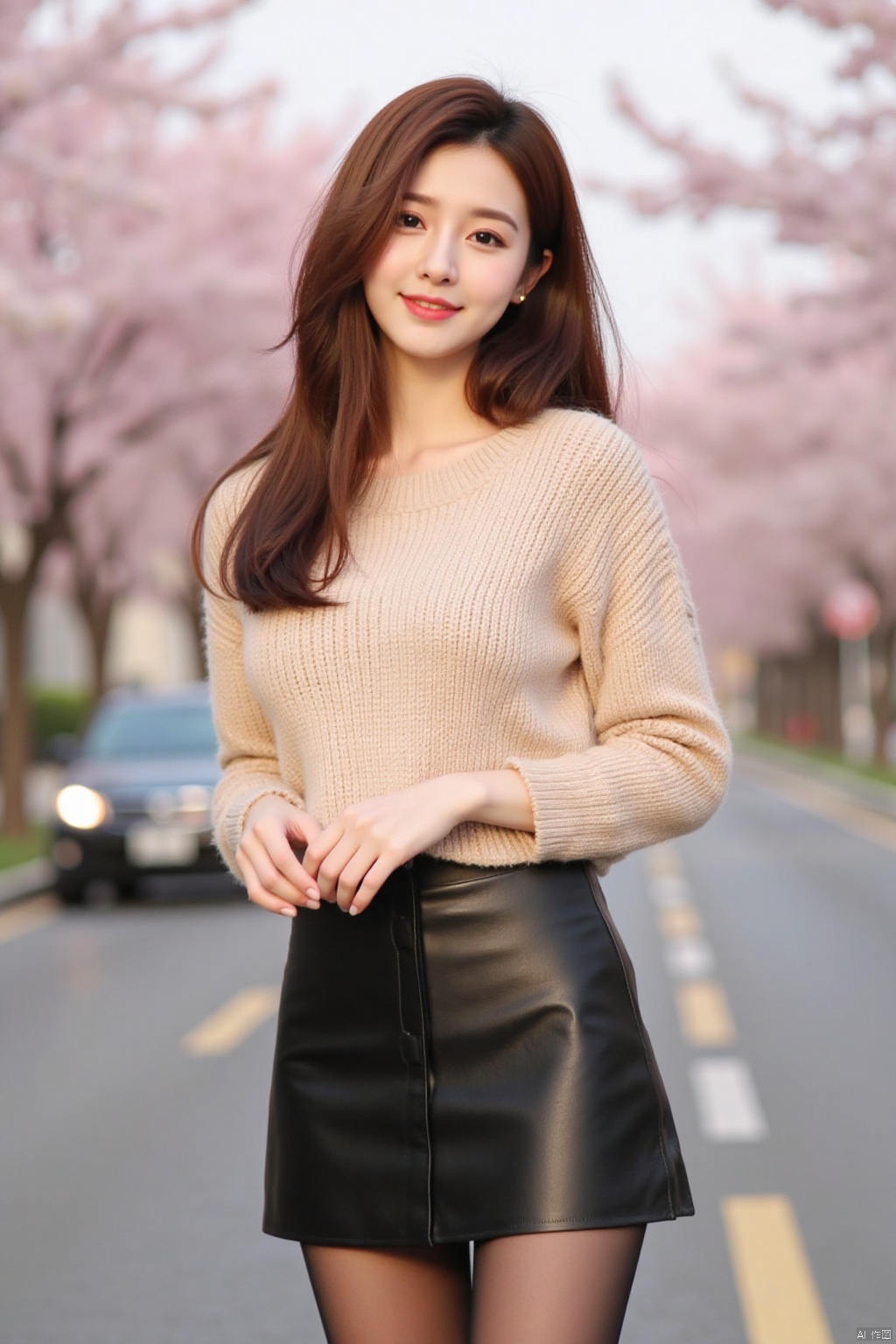 This picture shows a young woman standing on the street. She was wearing a beige knit sweater and a black leather short skirt, paired with black stockings. Her hair is brown, long and straight, draped over her shoulders. She looked at the camera with a smile on her face. There are cherry blossom trees in the background, showing the atmosphere of spring. Soft lighting creates a warm atmosphere.