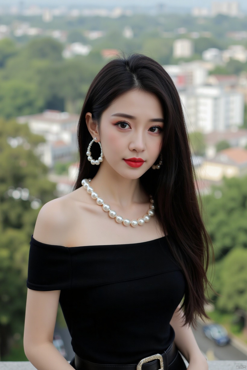 This picture shows an Asian woman with long and straight black hair. Her makeup is exquisite,including red lipstick and eye shadow. She is wearing a black off shoulder top with a black belt. She was wearing a pearl necklace and a pair of large earrings. The background is outdoors,where you can see trees and a blurry urban landscape in the distance.