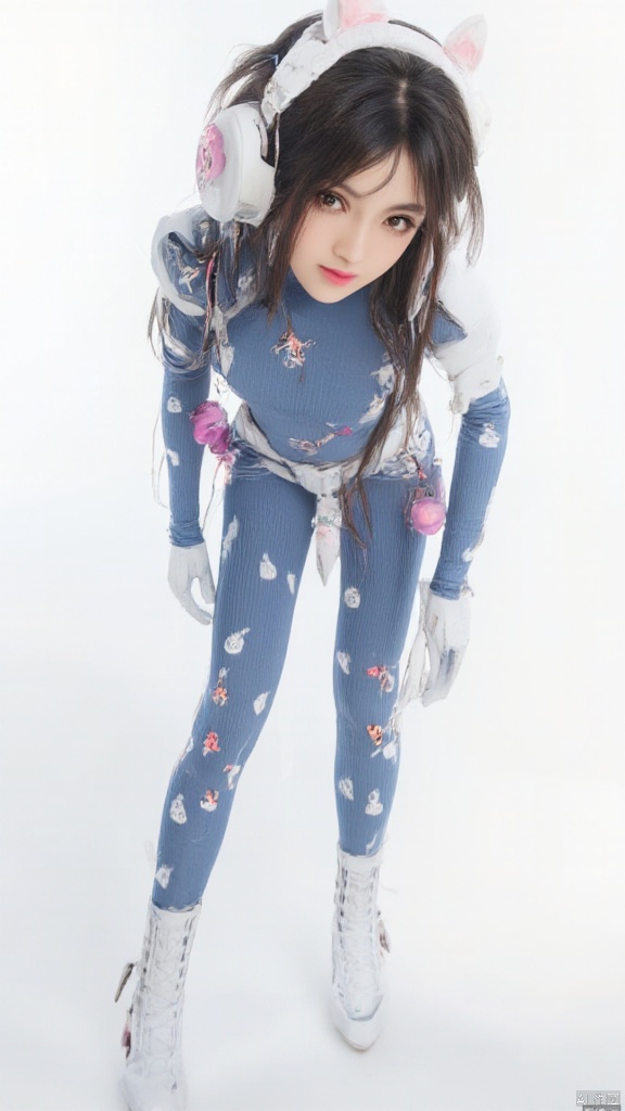 1girl,solo,d.va \(overwatch\),long hair,bodysuit,brown hair,facial mark,whisker markings,pilot suit,headphones,brown eyes,looking at viewer,gloves,white gloves,full body,pink lips,skin tight,handgun,bunny print,white background,leaning forward,animal print,facepaint,shoulder pads,simple background,charm \(object\),white footwear,thigh boots,blue bodysuit,standing,swept bangs,smile,parted lips,boots,ribbed bodysuit,