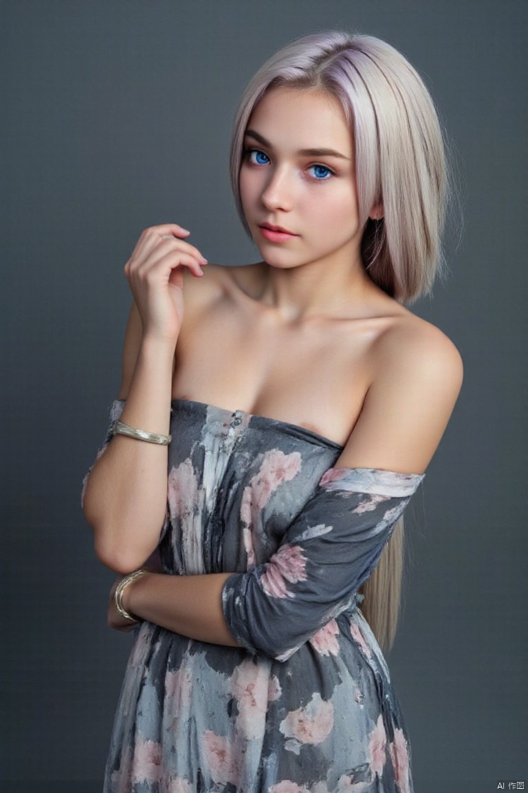 snowy,luoxue,a young asian woman,bare shoulders, blue eyes, bracelet, breasts, cleavage, dress, earrings, floral print, jewelry, long hair, looking at viewer, medium breasts, necklace, solo, very long hair, white hair,IMPROVED,LILITH