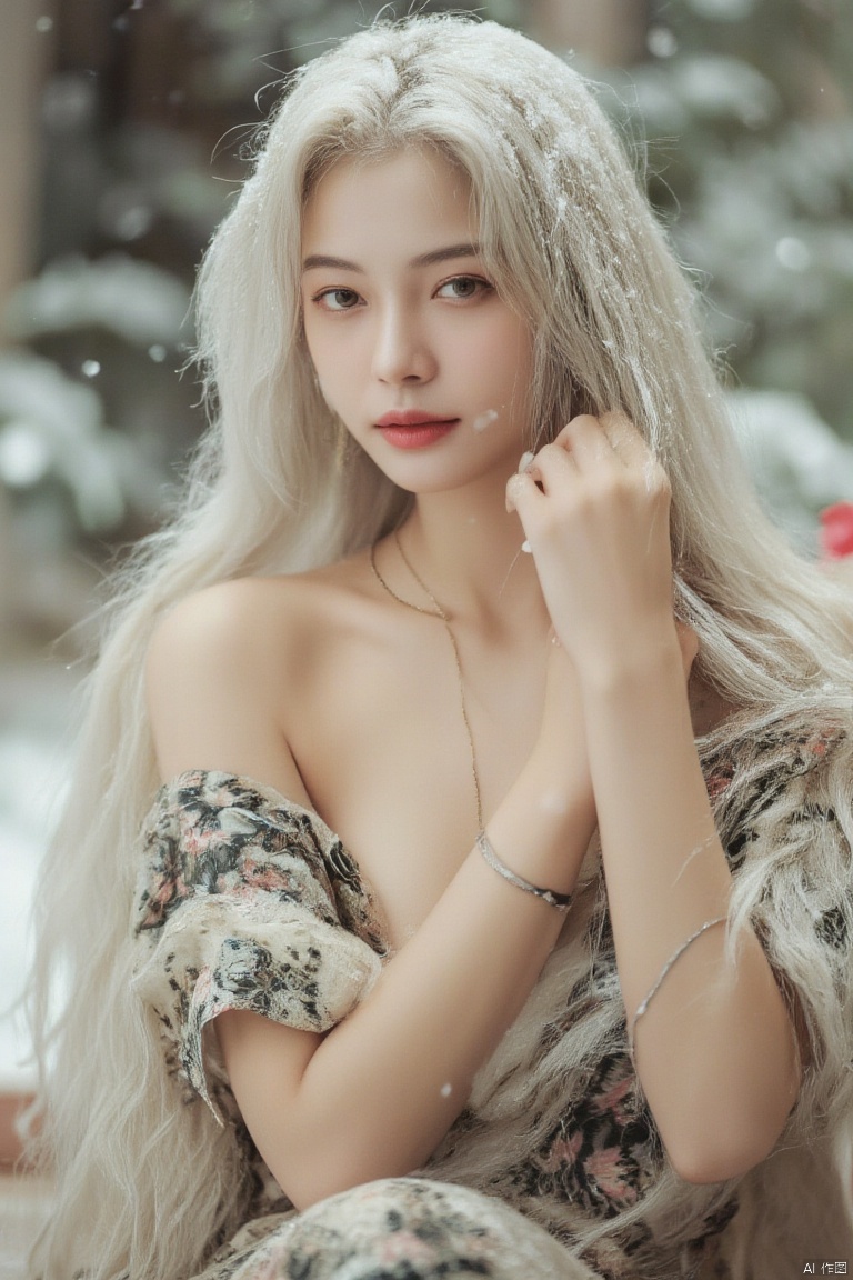 snowy,luoxue,a young asian woman,bare shoulders, blue eyes, bracelet, breasts, cleavage, dress, earrings, floral print, jewelry, long hair, looking at viewer, medium breasts, necklace, solo, very long hair, white hair 