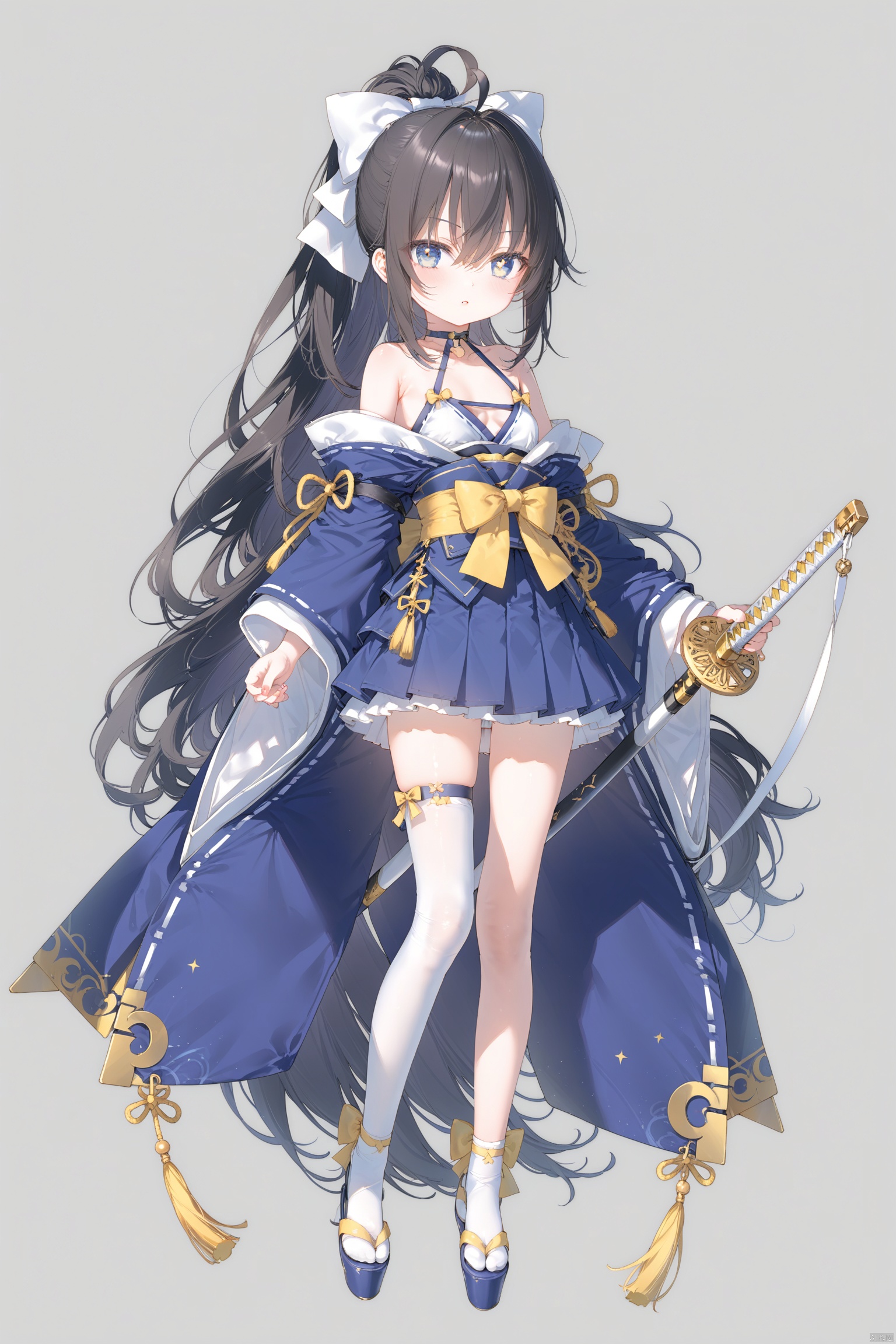 masterpiece,best quality,illustration,[Artist miwano rag],[Artist toosaka asagi],[Artist wlop],[Artist chen bin],  1girl, solo,loli,loli,loli, (little_girl:1.2),petite:1.1, small breast, standing, 
,cxku, long hair, breasts, blue eyes,  symbol-shaped pupils, cross-shaped pupils, skirt, black hair, thighhighs, bow, holding, hair between eyes, bare shoulders, very long hair, collarbone, full body, ponytail, weapon, ahoge, white hair, hair bow, multicolored hair, pleated skirt, small breasts, japanese clothes, choker, sword, wide sleeves, holding weapon, white thighhighs, blue skirt, holding sword, katana, white bow, crescent, single thighhigh, 