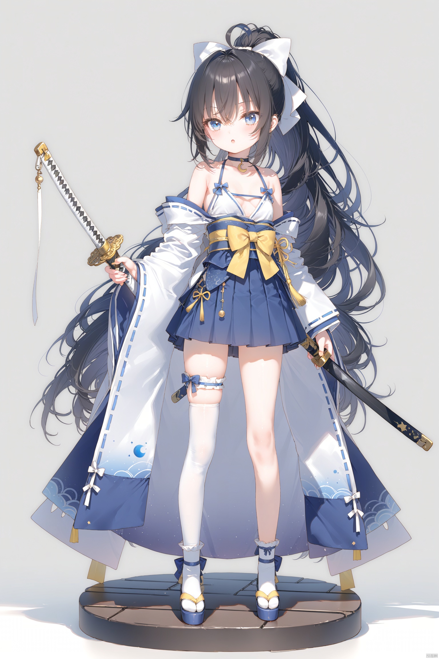 masterpiece,best quality,illustration,[Artist miwano rag],[Artist toosaka asagi],[Artist wlop],[Artist chen bin],  1girl, solo,loli,loli,loli, (little_girl:1.2),petite:1.1, small breast, standing, 
,cxku, long hair, breasts, blue eyes,  symbol-shaped pupils, cross-shaped pupils, skirt, black hair, thighhighs, bow, holding, hair between eyes, bare shoulders, very long hair, collarbone, full body, ponytail, weapon, ahoge, white hair, hair bow, multicolored hair, pleated skirt, small breasts, japanese clothes, choker, sword, wide sleeves, holding weapon, white thighhighs, blue skirt, holding sword, katana, white bow, crescent, single thighhigh, 