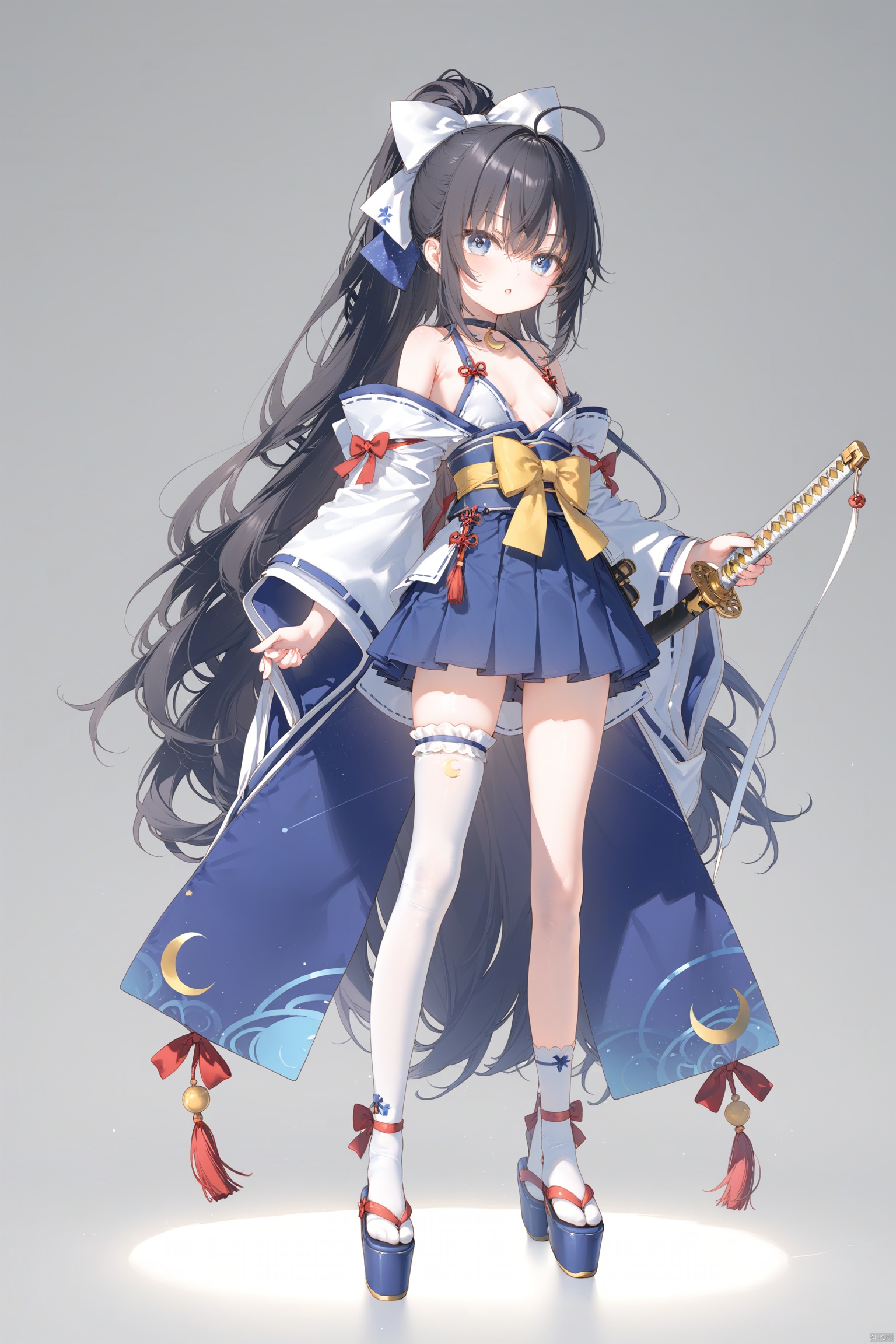 masterpiece,best quality,illustration,[Artist miwano rag],[Artist toosaka asagi],[Artist wlop],[Artist chen bin],  1girl, solo,loli,loli,loli, (little_girl:1.2),petite:1.1, small breast, standing, 
,cxku, long hair, breasts, blue eyes,  symbol-shaped pupils, cross-shaped pupils, skirt, black hair, thighhighs, bow, holding, hair between eyes, bare shoulders, very long hair, collarbone, full body, ponytail, weapon, ahoge, white hair, hair bow, multicolored hair, pleated skirt, small breasts, japanese clothes, choker, sword, wide sleeves, holding weapon, white thighhighs, blue skirt, holding sword, katana, white bow, crescent, single thighhigh, 