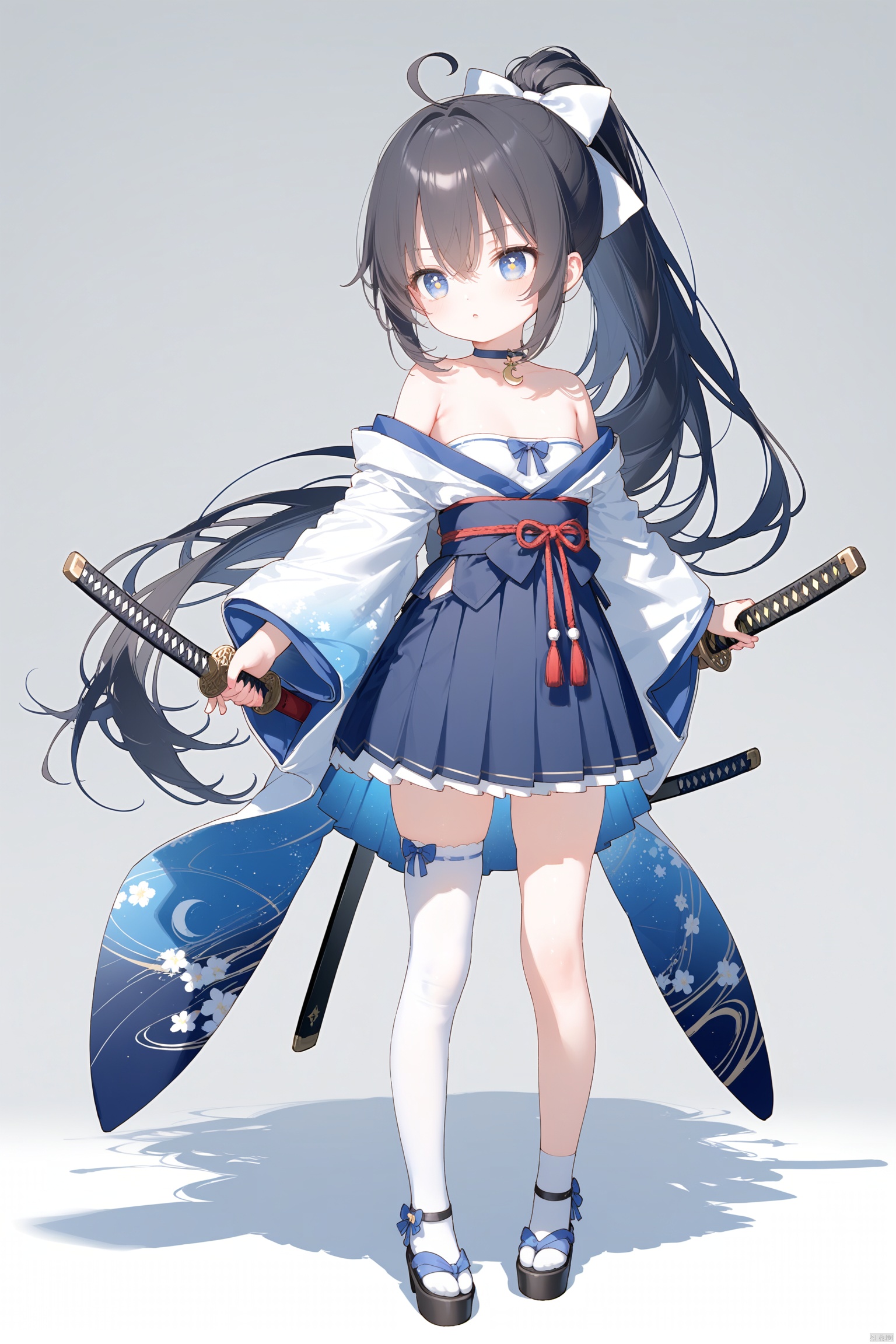 masterpiece,best quality,illustration,[Artist miwano rag],[Artist toosaka asagi],[Artist wlop],[Artist chen bin],  1girl, solo,loli,loli,loli, (little_girl:1.2),petite:1.1, small breast, standing, 
,long hair, breasts, blue eyes,  symbol-shaped pupils, cross-shaped pupils, skirt, black hair, thighhighs, bow, holding, hair between eyes, bare shoulders, very long hair, collarbone, full body, ponytail, weapon, ahoge, white hair, hair bow, multicolored hair, pleated skirt, small breasts, japanese clothes, choker, sword, wide sleeves, holding weapon, white thighhighs, blue skirt, holding sword, katana, white bow, crescent, single thighhigh,sugerjio
