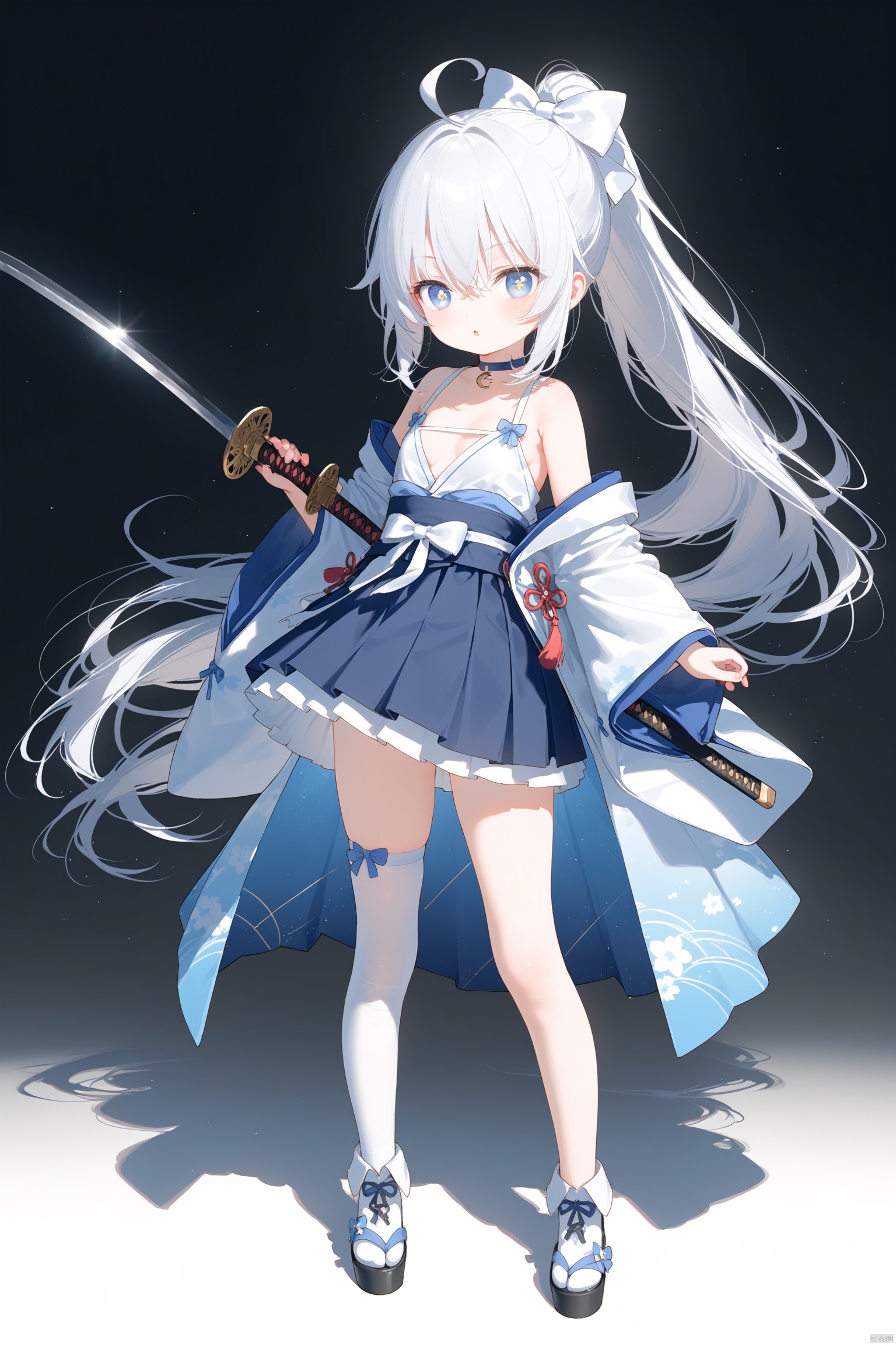 masterpiece,best quality,illustration,[Artist miwano rag],[Artist toosaka asagi],[Artist wlop],[Artist chen bin],  1girl, solo,loli,loli,loli, (little_girl:1.2),petite:1.1, small breast, standing, 
,long hair, breasts, blue eyes,  symbol-shaped pupils, cross-shaped pupils, skirt, black hair, thighhighs, bow, holding, hair between eyes, bare shoulders, very long hair, collarbone, full body, ponytail, weapon, ahoge, white hair, hair bow, multicolored hair, pleated skirt, small breasts, japanese clothes, choker, sword, wide sleeves, holding weapon, white thighhighs, blue skirt, holding sword, katana, white bow, crescent, single thighhigh,sugerjio