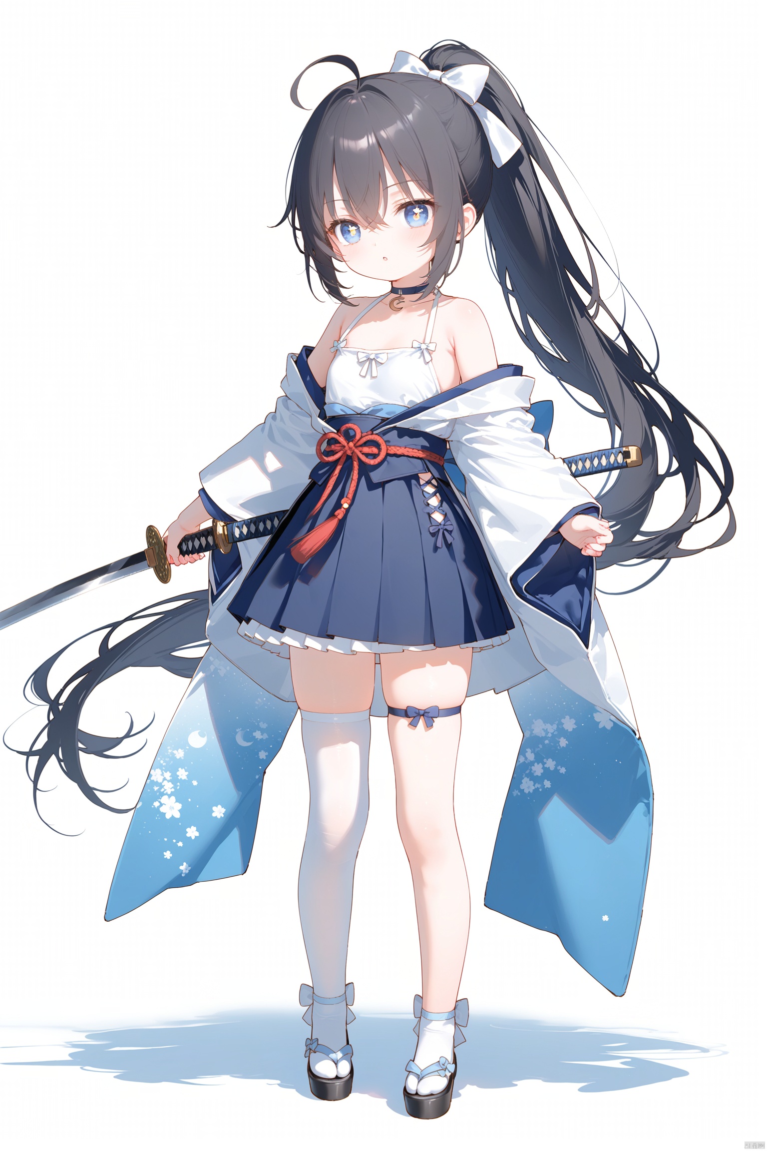 masterpiece,best quality,illustration,[Artist miwano rag],[Artist toosaka asagi],[Artist wlop],[Artist chen bin],  1girl, solo,loli,loli,loli, (little_girl:1.2),petite:1.1, small breast, standing, 
,long hair, breasts, blue eyes,  symbol-shaped pupils, cross-shaped pupils, skirt, black hair, thighhighs, bow, holding, hair between eyes, bare shoulders, very long hair, collarbone, full body, ponytail, weapon, ahoge, white hair, hair bow, multicolored hair, pleated skirt, small breasts, japanese clothes, choker, sword, wide sleeves, holding weapon, white thighhighs, blue skirt, holding sword, katana, white bow, crescent, single thighhigh,sugerjio