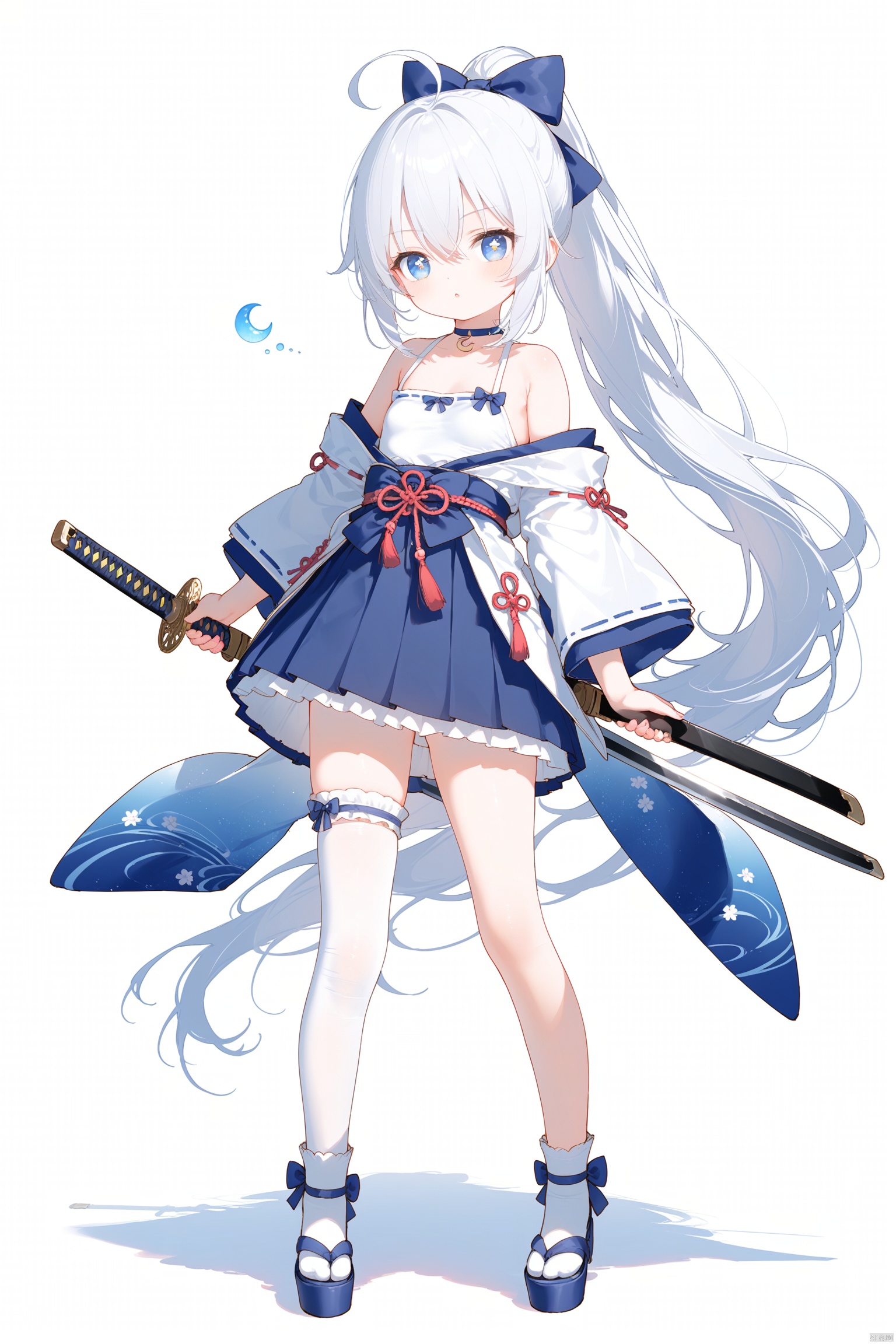 masterpiece,best quality,illustration,[Artist miwano rag],[Artist toosaka asagi],[Artist wlop],[Artist chen bin],  1girl, solo,loli,loli,loli, (little_girl:1.2),petite:1.1, small breast, standing, 
,long hair, breasts, blue eyes,  symbol-shaped pupils, cross-shaped pupils, skirt, black hair, thighhighs, bow, holding, hair between eyes, bare shoulders, very long hair, collarbone, full body, ponytail, weapon, ahoge, white hair, hair bow, multicolored hair, pleated skirt, small breasts, japanese clothes, choker, sword, wide sleeves, holding weapon, white thighhighs, blue skirt, holding sword, katana, white bow, crescent, single thighhigh,sugerjio