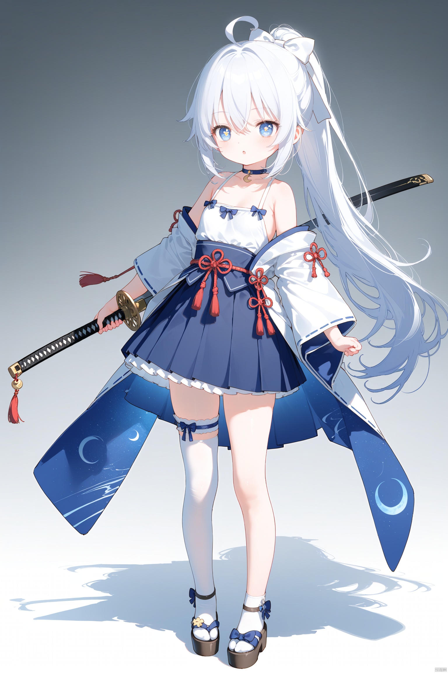 masterpiece,best quality,illustration,[Artist miwano rag],[Artist toosaka asagi],[Artist wlop],[Artist chen bin],  1girl, solo,loli,loli,loli, (little_girl:1.2),petite:1.1, small breast, standing, 
,long hair, breasts, blue eyes,  symbol-shaped pupils, cross-shaped pupils, skirt, black hair, thighhighs, bow, holding, hair between eyes, bare shoulders, very long hair, collarbone, full body, ponytail, weapon, ahoge, white hair, hair bow, multicolored hair, pleated skirt, small breasts, japanese clothes, choker, sword, wide sleeves, holding weapon, white thighhighs, blue skirt, holding sword, katana, white bow, crescent, single thighhigh,sugerjio