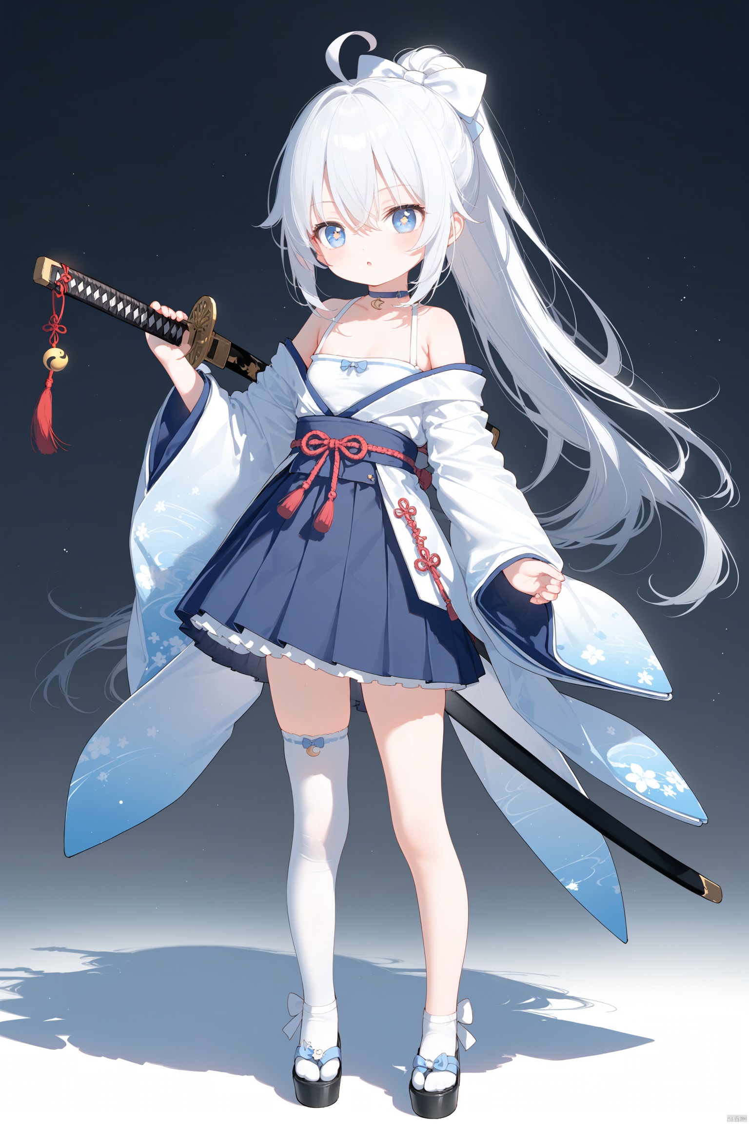 masterpiece,best quality,illustration,[Artist miwano rag],[Artist toosaka asagi],[Artist wlop],[Artist chen bin],  1girl, solo,loli,loli,loli, (little_girl:1.2),petite:1.1, small breast, standing, 
,long hair, breasts, blue eyes,  symbol-shaped pupils, cross-shaped pupils, skirt, black hair, thighhighs, bow, holding, hair between eyes, bare shoulders, very long hair, collarbone, full body, ponytail, weapon, ahoge, white hair, hair bow, multicolored hair, pleated skirt, small breasts, japanese clothes, choker, sword, wide sleeves, holding weapon, white thighhighs, blue skirt, holding sword, katana, white bow, crescent, single thighhigh,sugerjio