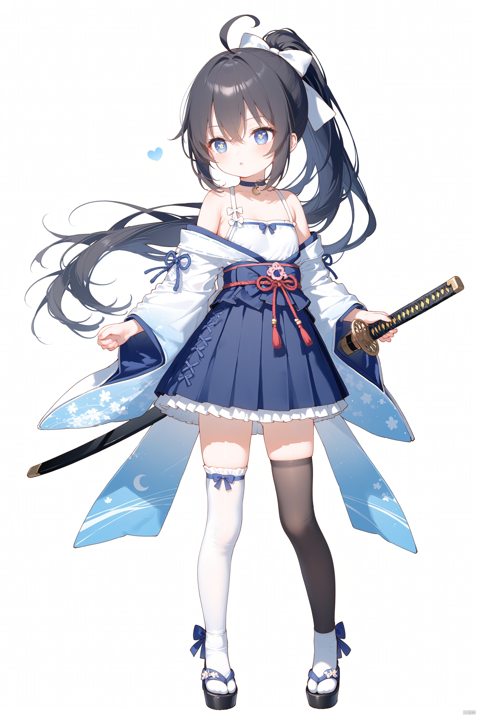 masterpiece,best quality,illustration,[Artist miwano rag],[Artist toosaka asagi],[Artist wlop],[Artist chen bin],  1girl, solo,loli,loli,loli, (little_girl:1.2),petite:1.1, small breast, standing, 
,long hair, breasts, blue eyes,  symbol-shaped pupils, cross-shaped pupils, skirt, black hair, thighhighs, bow, holding, hair between eyes, bare shoulders, very long hair, collarbone, full body, ponytail, weapon, ahoge, white hair, hair bow, multicolored hair, pleated skirt, small breasts, japanese clothes, choker, sword, wide sleeves, holding weapon, white thighhighs, blue skirt, holding sword, katana, white bow, crescent, single thighhigh,sugerjio