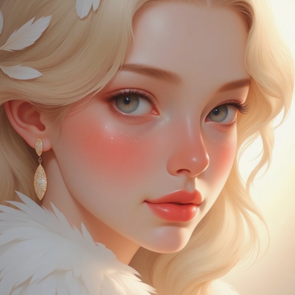 A close-up, eye-level shot of a fair-haired woman's face, adorned with sparkly white feathers, is adorned with a pair of dangling dangling earrings. Her blonde hair cascades over her shoulders, adding a touch of warmth to her face. The backdrop, blurred, captures a soft glow to the scene.,Illustration