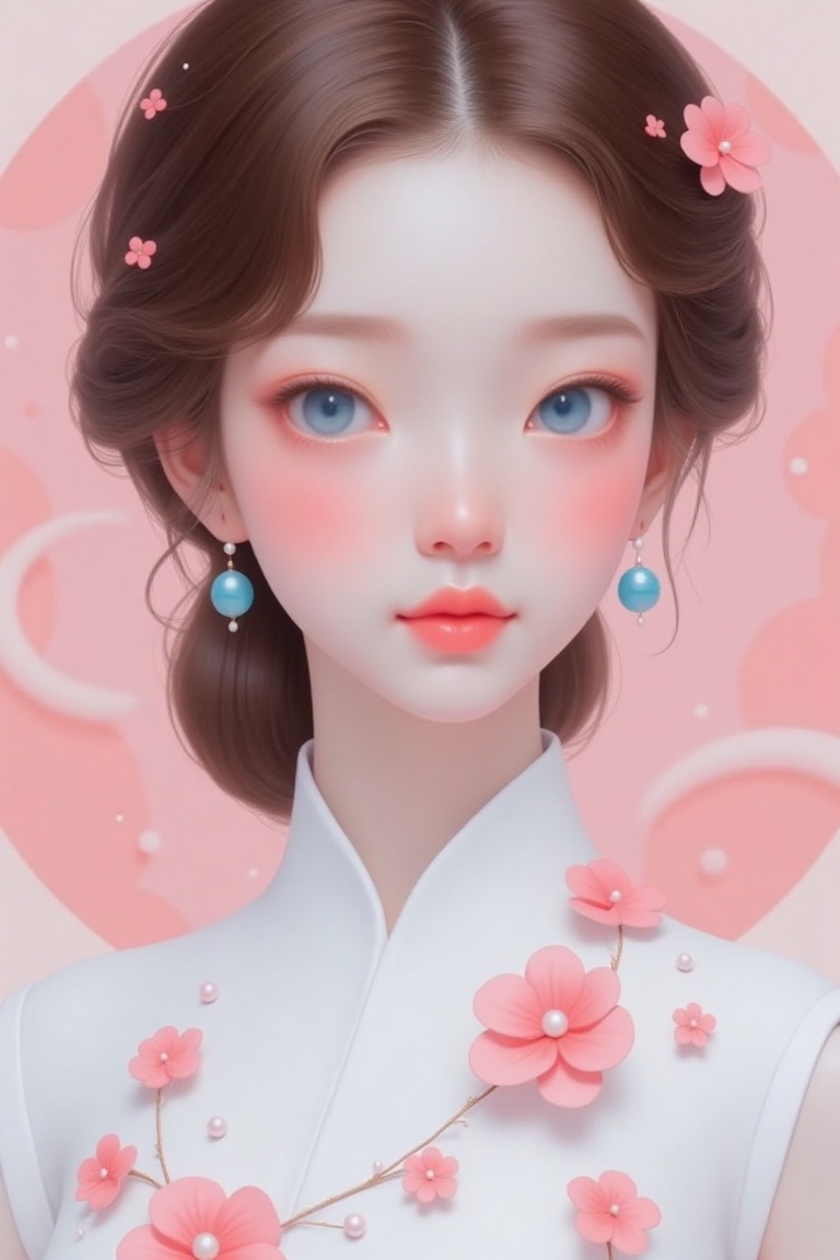 a 3D rendering of a young Asian woman's face is adorned with a white dress adorned with pink flowers and pearls. The woman's hair is a vibrant shade of brown, her eyes are a deep blue, and her lips are a lighter pink. Her earrings are adorned with blue pearls, adding a pop of color to her outfit. The backdrop is a light pink circle with swirls of light pink.