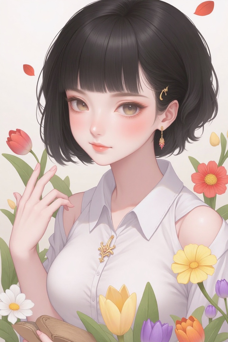 1girl, solo, short hair, bangs, black hair, jewelry, upper body, flower, earrings, parted lips, blunt bangs, book, makeup, leaf, plant, white flower, red flower, eyeshadow, yellow flower, purple flower, orange flower, tulip