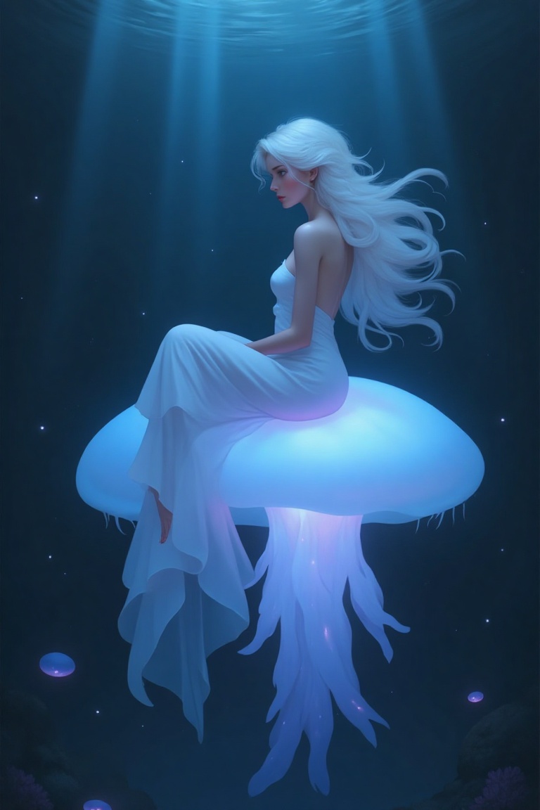 "A woman sitting gracefully on a giant, glowing jellyfish, floating in an ethereal, underwater world. She has flowing hair that blends with the water around her, and her gown shimmers like seafoam, trailing behind her in delicate, translucent layers. The jellyfish beneath her glows with soft blues and purples, casting a mystical light onto her face. Small, bioluminescent sea creatures surround her, illuminating the deep ocean with a surreal glow. The background is a dark, enchanting ocean depth, with beams of soft light filtering down from above, creating a serene and dreamlike atmosphere."