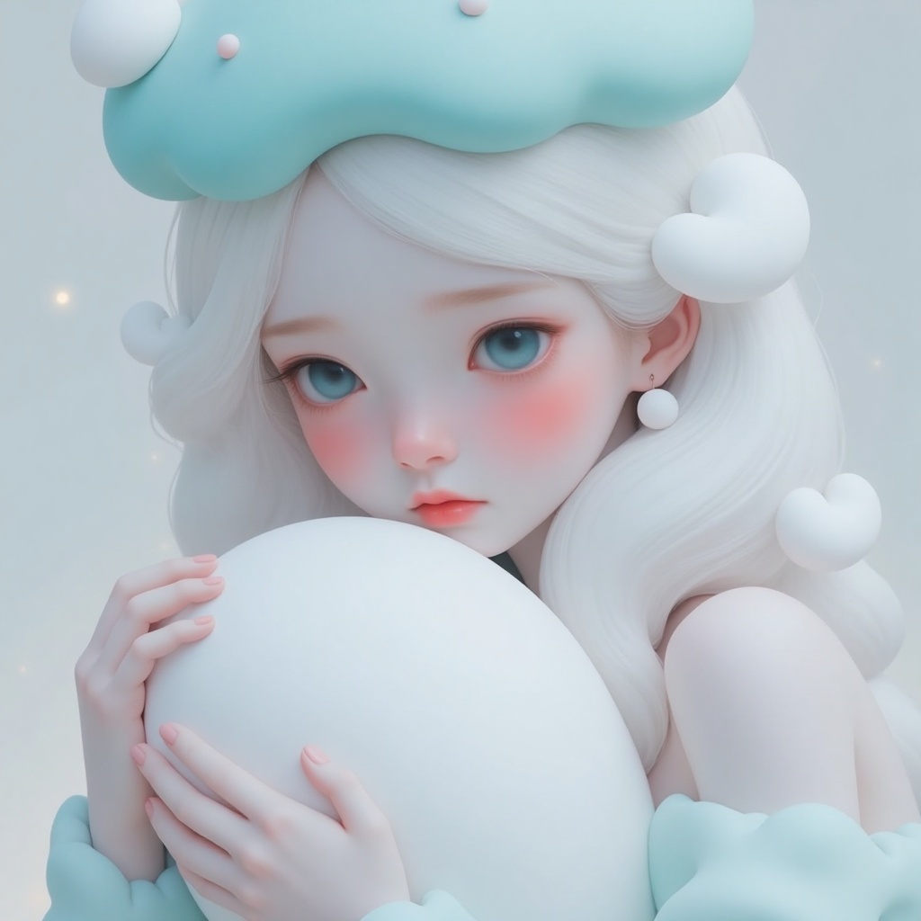 [A delicate porcelain doll-like girl with long, flowing white hair, wearing a light teal, cloud-shaped headpiece, gently cradles a large, smooth, white orb. Her skin is pale with rosy cheeks, and her large, expressive blue eyes convey a quiet sadness or contemplation.  The overall style is soft, ethereal, and dreamlike, with a focus on smooth textures and pastel colors.  Delicate, almost translucent, white organic shapes swirl around her hair, adding to the whimsical and slightly surreal atmosphere.] [Soft, ethereal digital painting in the style of a modern fantasy illustration] [Inspired by artists specializing in digital sculpting and rendering of delicate, whimsical characters] [Rendered with a focus on soft lighting, subtle highlights, and a smooth, almost seamless blend of colors. The color palette is primarily pastels—pale pinks, blues, and whites—creating a calming and serene mood.  The background is a soft, out-of-focus blur, drawing attention to the figure and the orb.  The overall texture is smooth and almost velvety, emphasizing the delicate nature of the subject.],Beauty,Illustration 
