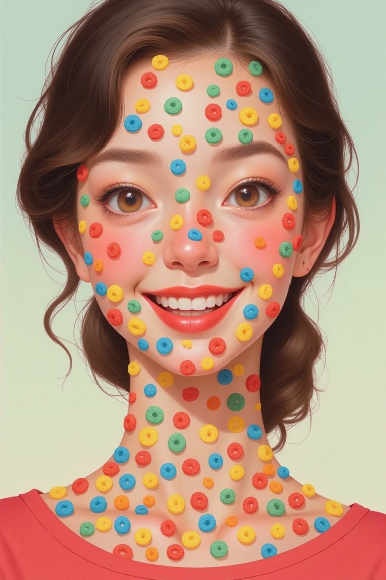 "A woman with her face covered in colorful cereal. Small, round cereal pieces in vibrant colors like red, blue, yellow, and green cover most of her face. The woman has a joyful and slightly surprised expression, with large eyes and a cheerful look. The crunchy texture of the cereal and the vivid color contrast create a unique and striking appearance. The background is simple in soft pastel tones to keep the focus on her face and the colorful cereal. The illustration style is realistic, with detailed emphasis on each cereal piece.",Illustration
