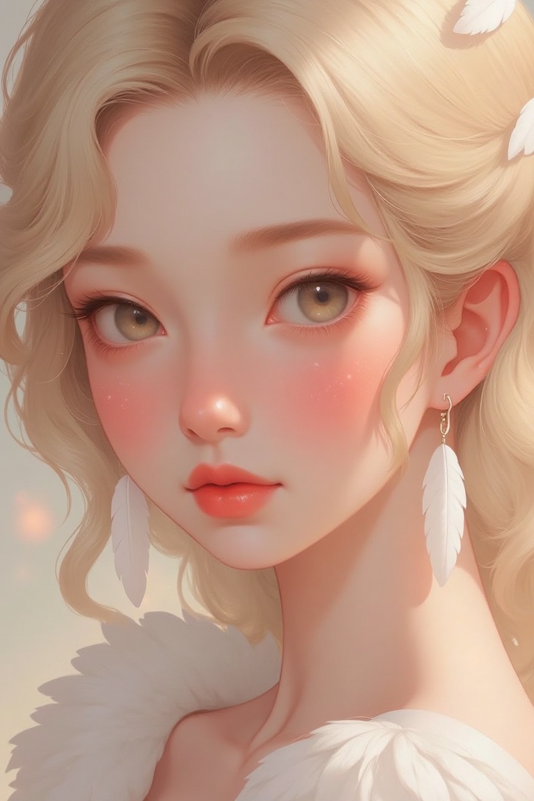 A close-up, eye-level shot of a fair-haired woman's face, adorned with sparkly white feathers, is adorned with a pair of dangling dangling earrings. Her blonde hair cascades over her shoulders, adding a touch of warmth to her face. The backdrop, blurred, captures a soft glow to the scene.,Illustration