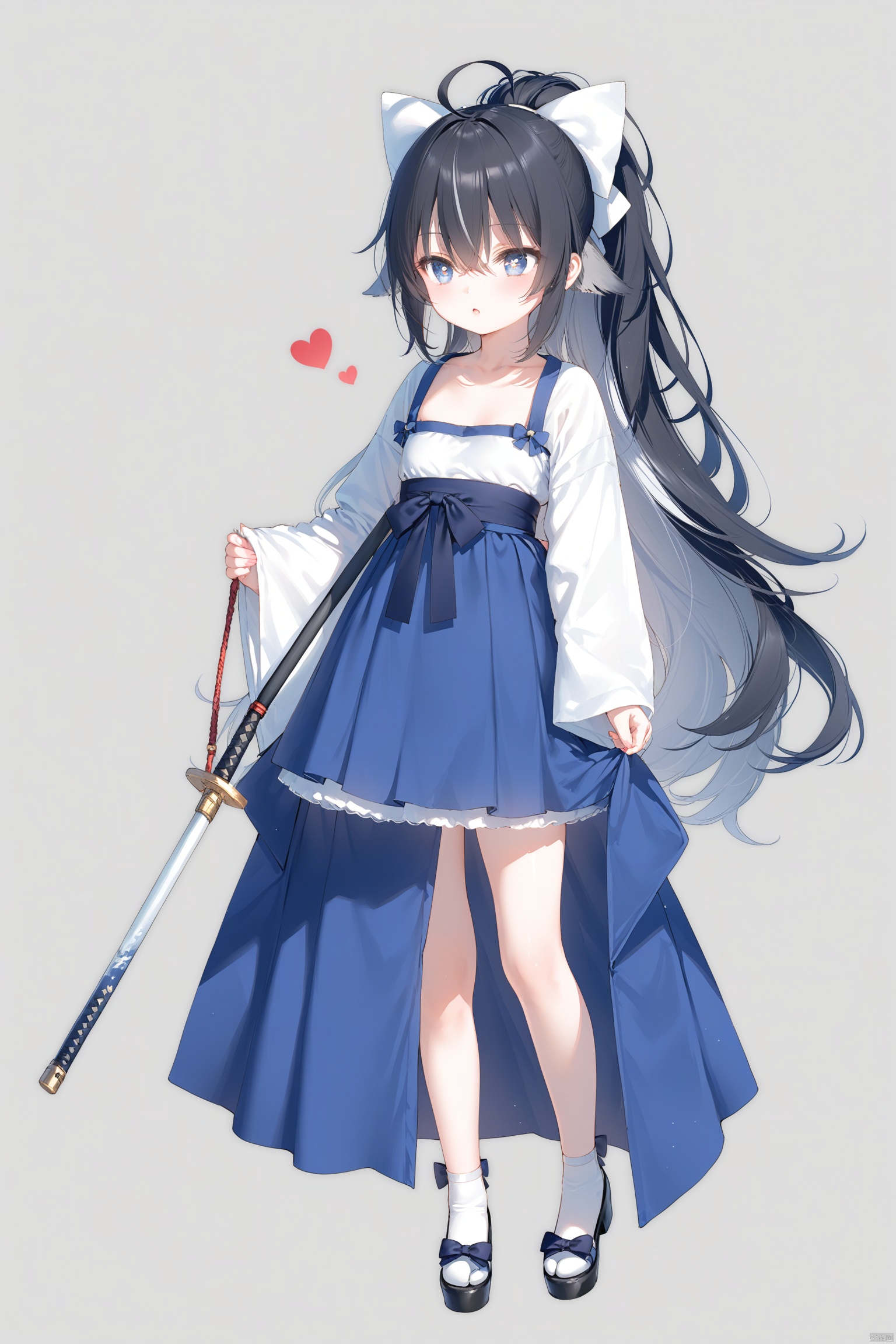 masterpiece,best quality,illustration,[Artist miwano rag],[Artist toosaka asagi],[Artist wlop],[Artist chen bin],  1girl, solo,loli,loli,loli, (little_girl:1.2),petite:1.1, small breast, standing, 
,long hair,animal ears,bird ears, blue eyes,  symbol-shaped pupils, cross-shaped pupils, skirt, black hair, bow, hair between eyes, very long hair, collarbone, full body, ponytail, weapon, ahoge, white hair, hair bow, multicolored hair, hanfu,simple background, cxku