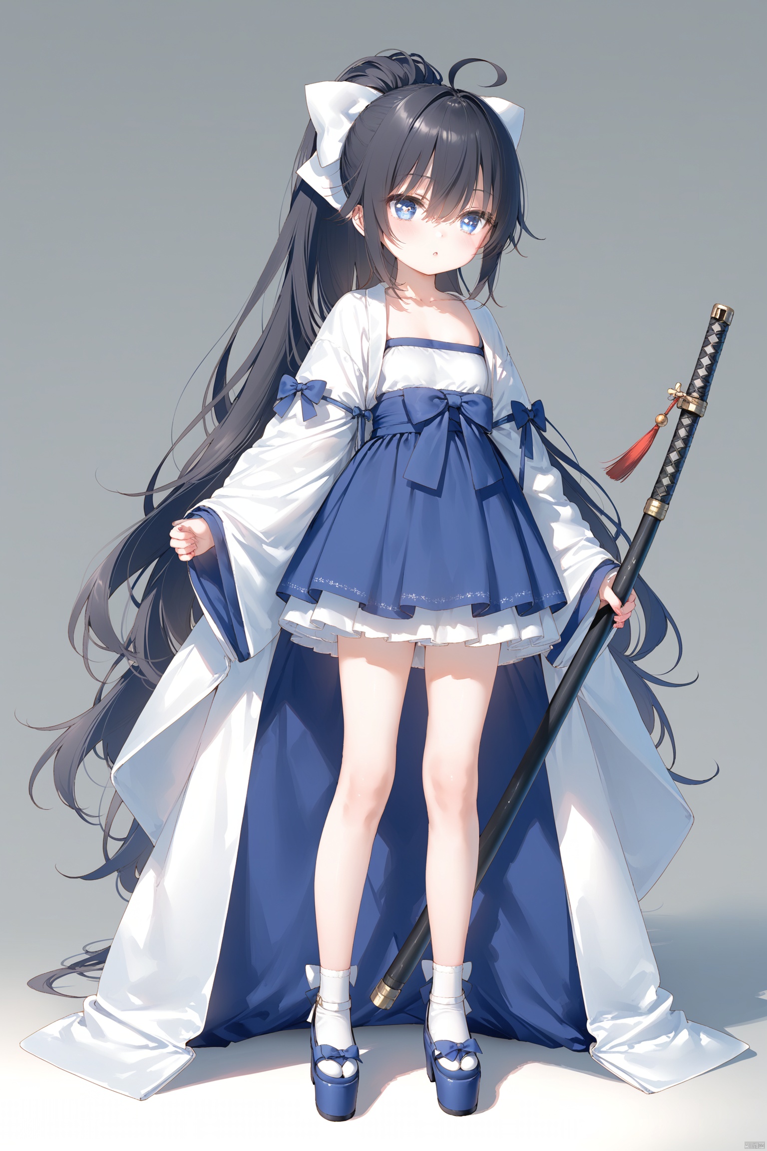 masterpiece,best quality,illustration,[Artist miwano rag],[Artist toosaka asagi],[Artist wlop],[Artist chen bin],  1girl, solo,loli,loli,loli, (little_girl:1.2),petite:1.1, small breast, standing, 
,long hair,animal ears, blue eyes,  symbol-shaped pupils, cross-shaped pupils, skirt, black hair, bow, hair between eyes, very long hair, collarbone, full body, ponytail, weapon, ahoge, white hair, hair bow, multicolored hair, hanfu,simple background, cxku