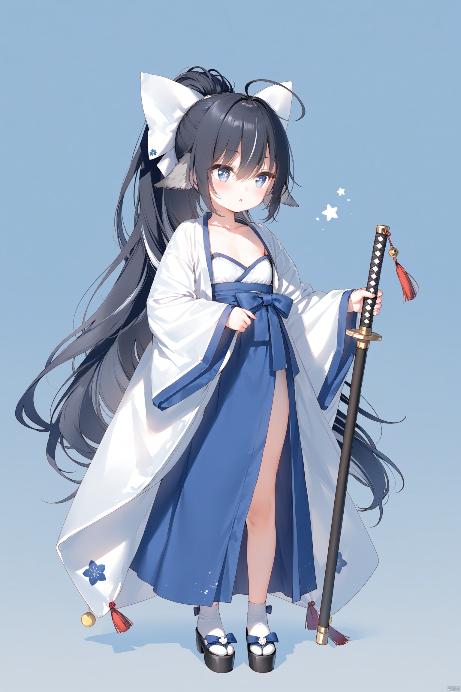 masterpiece,best quality,illustration,[Artist miwano rag],[Artist toosaka asagi],[Artist wlop],[Artist chen bin],  1girl, solo,loli,loli,loli, (little_girl:1.2),petite:1.1, small breast, standing, 
,long hair, bird ears,Feather Ears, blue eyes,  symbol-shaped pupils, cross-shaped pupils, hanfu,chinese clothes, black hair, bow, hair between eyes, very long hair, collarbone, full body, ponytail, weapon, ahoge, white hair, hair bow, multicolored hair, hanfu,simple background, cxku