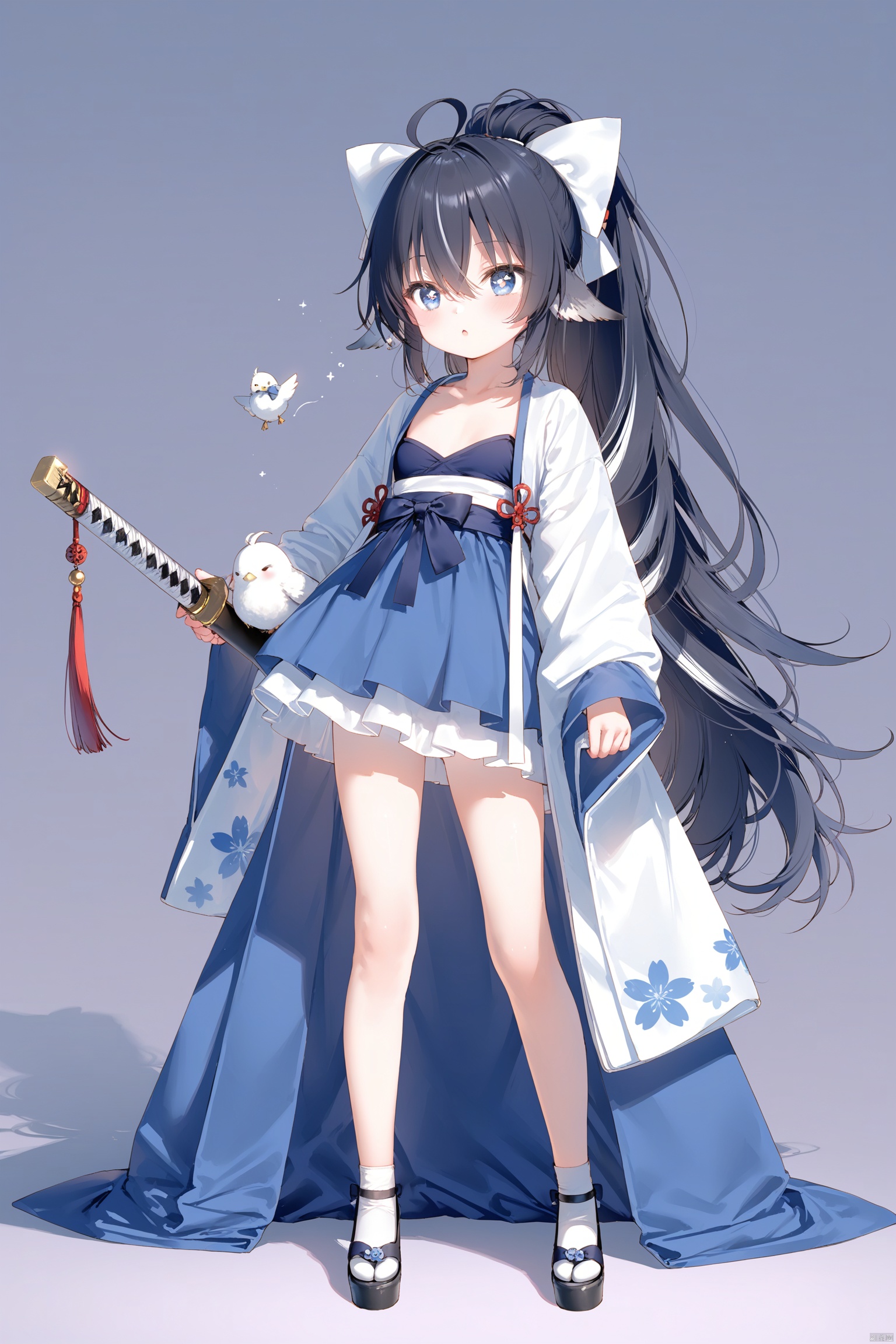 masterpiece,best quality,illustration,[Artist miwano rag],[Artist toosaka asagi],[Artist wlop],[Artist chen bin],  1girl, solo,loli,loli,loli, (little_girl:1.2),petite:1.1, small breast, standing, 
,long hair, bird ears,Feather Ears, blue eyes,  symbol-shaped pupils, cross-shaped pupils, hanfu,chinese clothes, black hair, bow, hair between eyes, very long hair, collarbone, full body, ponytail, weapon, ahoge, white hair, hair bow, multicolored hair, hanfu,simple background, cxku