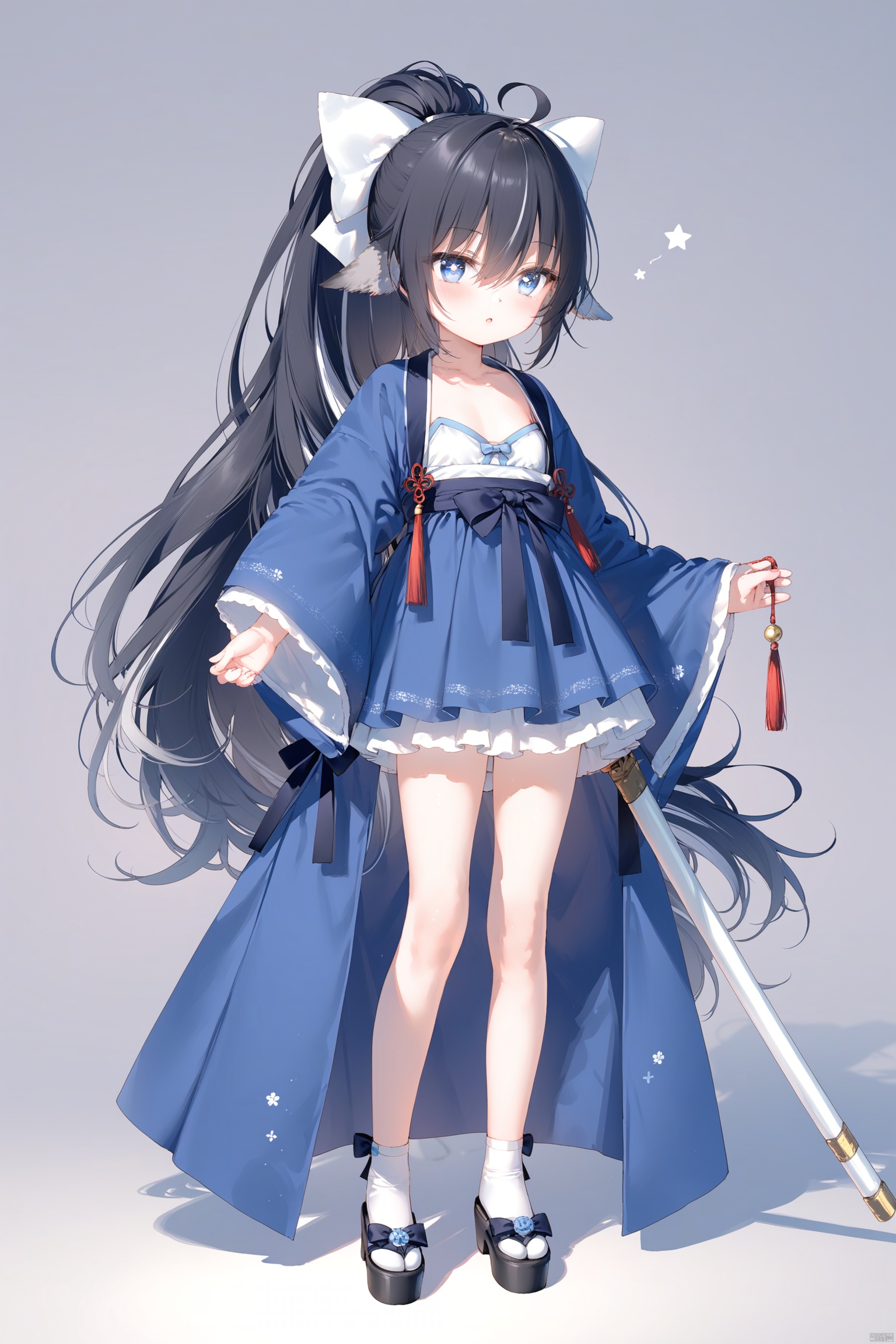 masterpiece,best quality,illustration,[Artist miwano rag],[Artist toosaka asagi],[Artist wlop],[Artist chen bin],  1girl, solo,loli,loli,loli, (little_girl:1.2),petite:1.1, small breast, standing, 
,long hair,animal ears,bird ears,Feather Ears, blue eyes,  symbol-shaped pupils, cross-shaped pupils, hanfu,chinese clothes, black hair, bow, hair between eyes, very long hair, collarbone, full body, ponytail, weapon, ahoge, white hair, hair bow, multicolored hair, hanfu,simple background, cxku