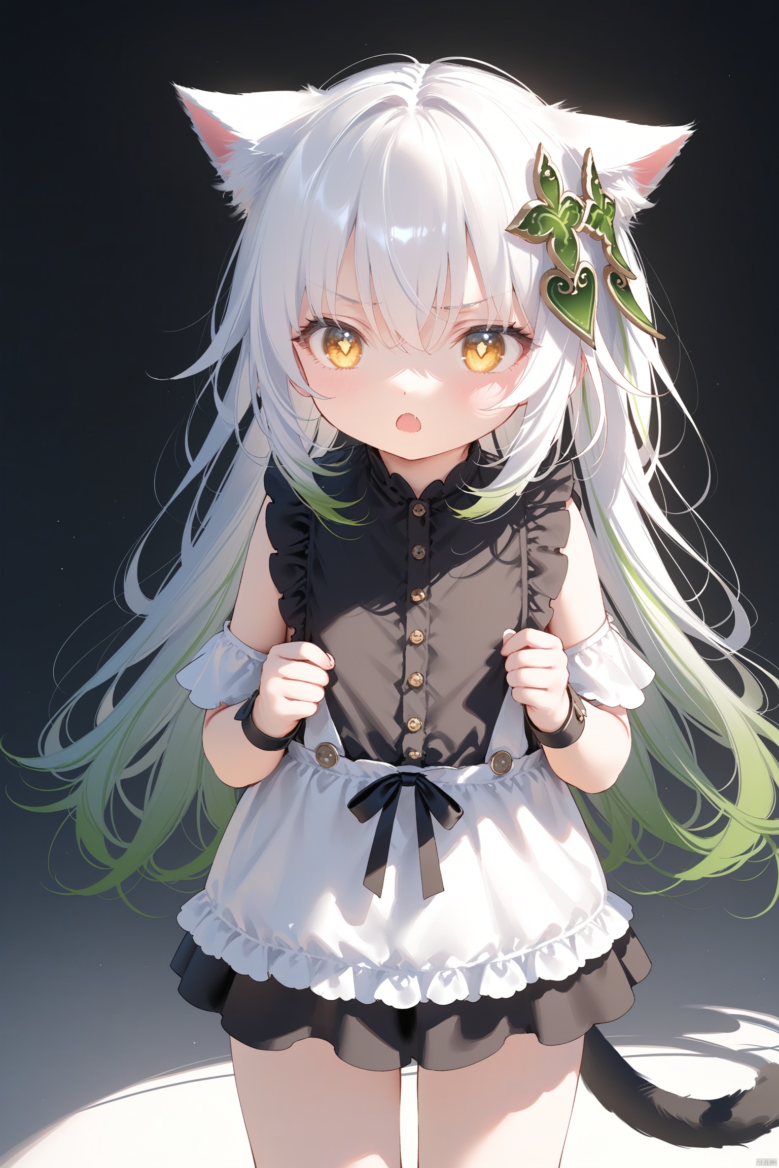 masterpiece,best quality,illustration, dark style, [Artist miwano rag],[Artist toosaka asagi],[Artist wlop],[Artist chen bin], 1girl, solo, long hair,loli,loli,loli, (little_girl:1.2),petite:1.1, cat girl, cat ears, cat tail, small breast,yellow eyes, goden eyes, Vertical pupils, white hair, green hair, unhappy, angry,half close eyes, hair ornament, gradient hair, side tonytail, nahida \(genshin impact\) ,cxzqs
