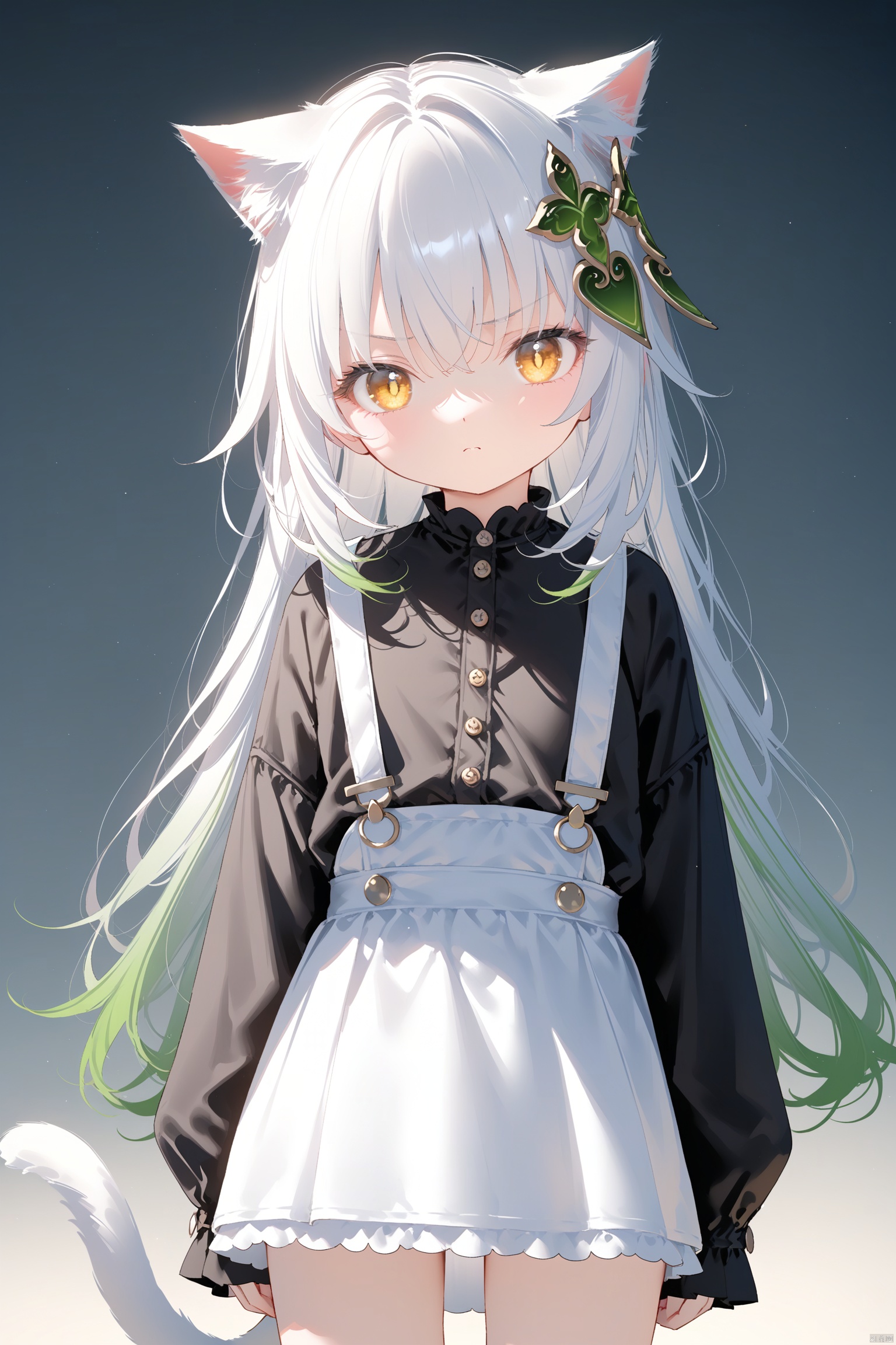 masterpiece,best quality,illustration, dark style, [Artist miwano rag],[Artist toosaka asagi],[Artist wlop],[Artist chen bin], 1girl, solo, long hair,loli,loli,loli, (little_girl:1.2),petite:1.1, cat girl, cat ears, cat tail, small breast,yellow eyes, goden eyes, Vertical pupils, white hair, green hair, unhappy, angry,half close eyes, hair ornament, gradient hair, side tonytail, nahida \(genshin impact\) ,cxzqs