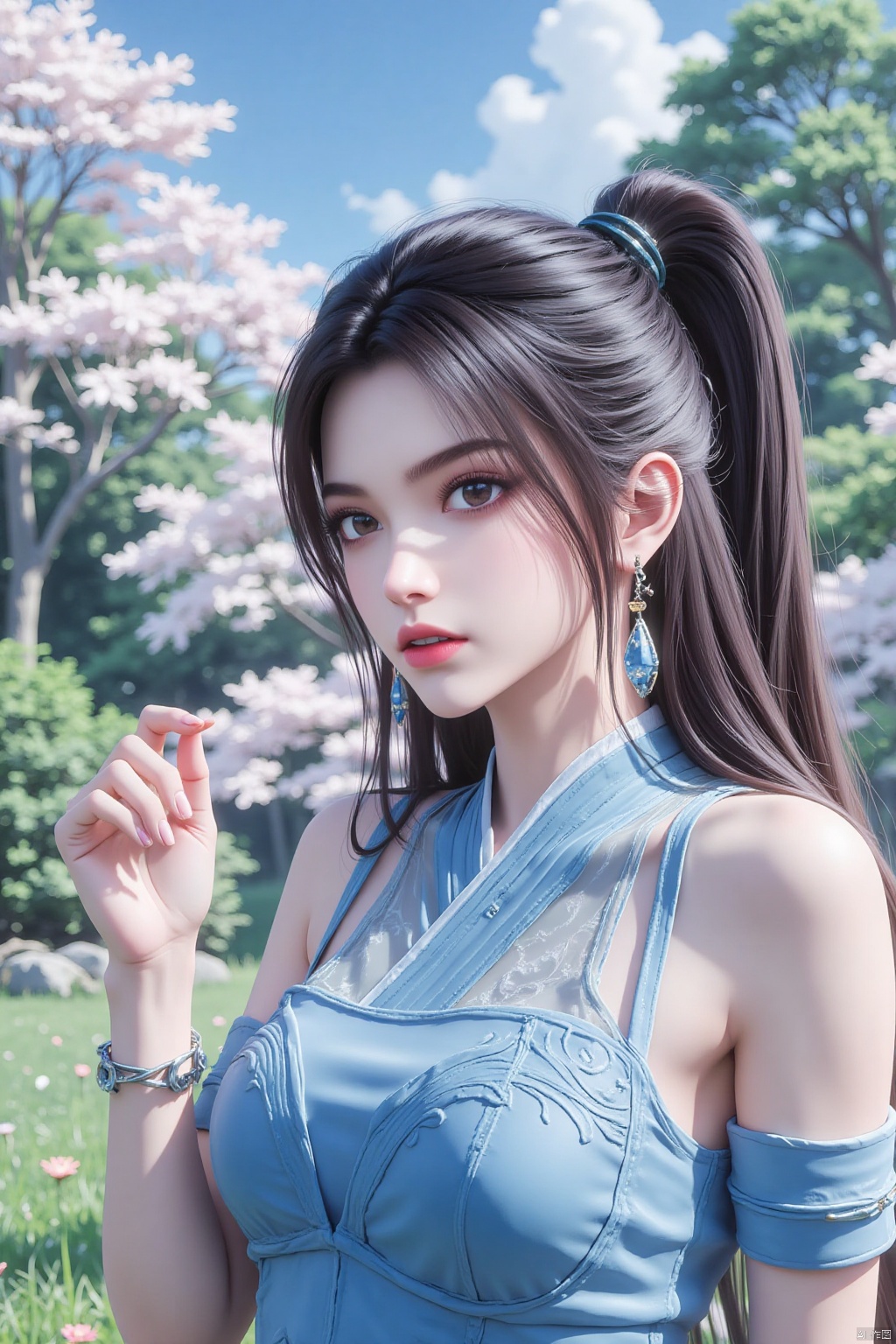 1girl, solo, long hair, breasts, looking at viewer, brown hair, hair ornament, dress, jewelry, standing, flower, earrings, outdoors, bracelet, blue dress, sunlight