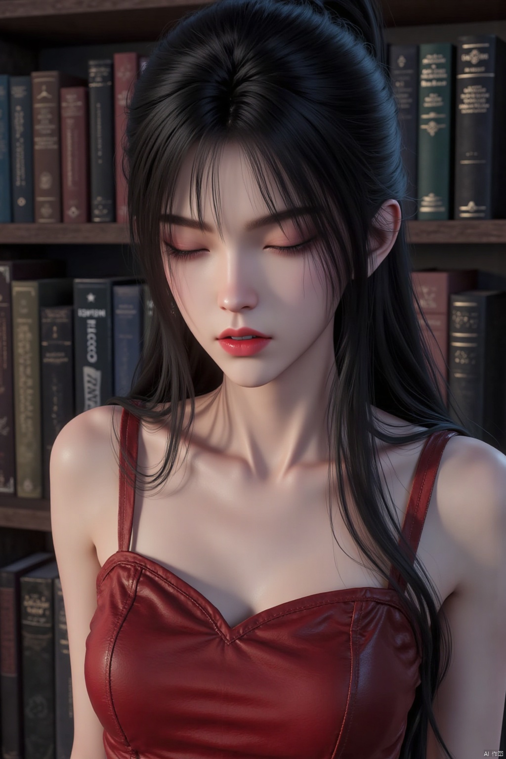 1girl, solo, long hair, breasts, bangs, black hair, dress, bare shoulders, medium breasts, closed eyes, upper body, sleeveless, indoors, lips, book, makeup, sleeveless dress, red dress, realistic, bookshelf, red lips
