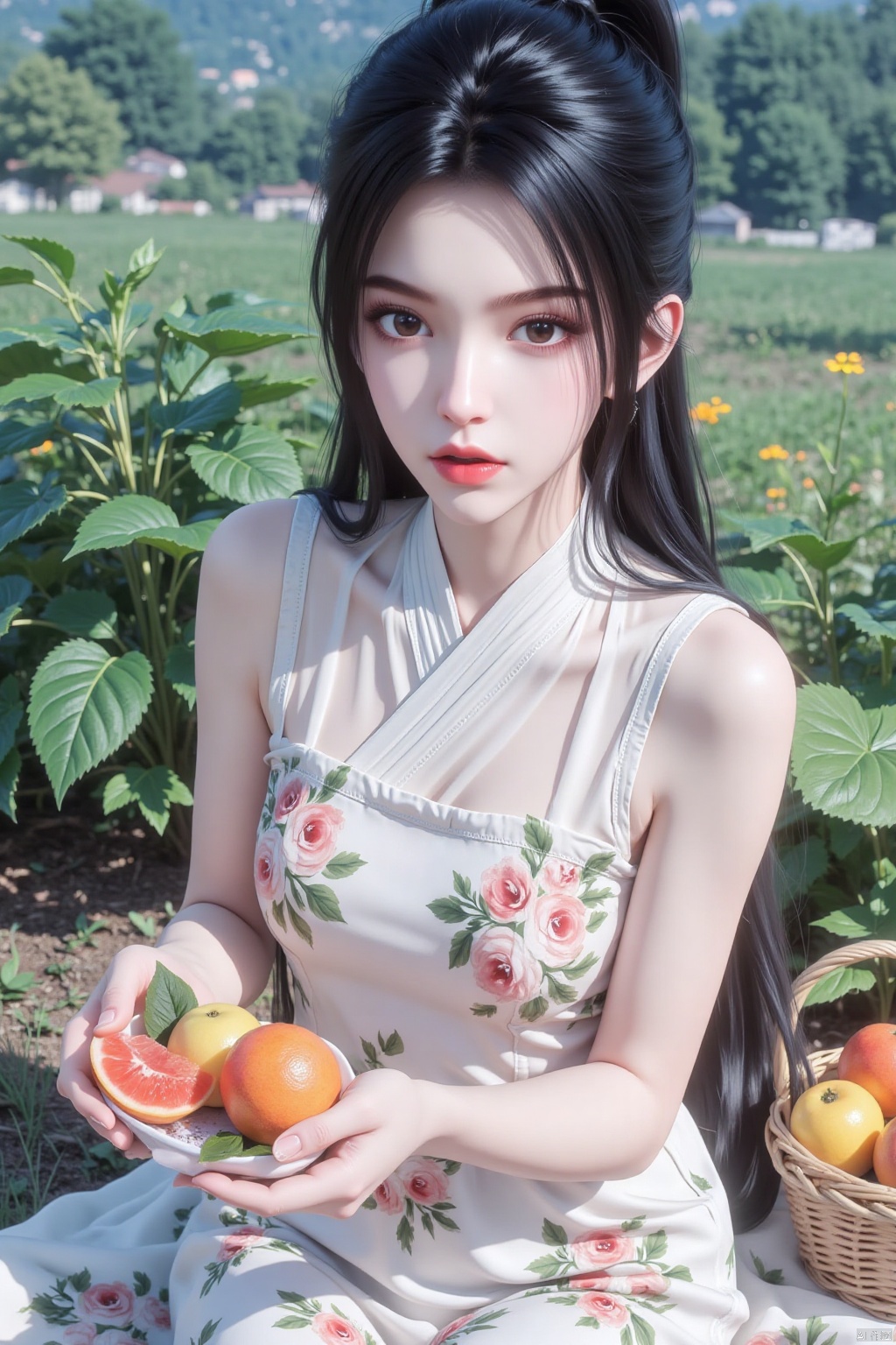 1girl, solo, long hair, looking at viewer, black hair, dress, sitting, outdoors, food, sleeveless, white dress, black eyes, lips, fruit, sleeveless dress, leaf, floral print, plant, realistic, basket